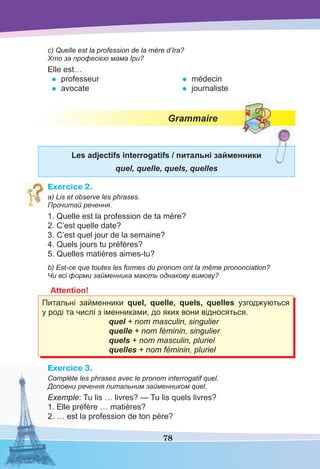 78
c) Quelle est la profession de la mère d’Ira?
Хто за професією мама Іри?
Elle est…
• professeur
• avocate
• médecin
• journaliste
Grammaire
Les adjectifs interrogatifs / питальні займенники
quel, quelle, quels, quelles
Exercice 2.
a) Lis et observe les phrases.
Прочитай речення.
1. Quelle est la profession de ta mère?
2. C’est quelle date?
3. C’est quel jour de la semaine?
4. Quels jours tu préfères?
5. Quelles matières aimes-tu?
b) Est-ce que toutes les formes du pronom ont la même prononciation?
Чи всі форми займенника мають однакову вимову?
Attention!
Питальні займенники quel, quelle, quels, quelles узгоджуються
у роді та числі з іменниками, до яких вони відносяться.
quel + nom masculin, singulier
quelle + nom féminin, singulier
quels + nom masculin, pluriel
quelles + nom féminin, pluriel
Exercice 3.
Complète les phrases avec le pronom interrogatif quel.
Доповни речення питальним займенником quel.
Exemple: Tu lis … livres? — Tu lis quels livres?
1. Elle préfère … matières?
2. … est la profession de ton père?
 