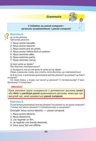 93
Grammaire
L’initiation au passé composé /
загальне ознайомлення з passé composé
Exercice 2.
a) Lis les phrases.
Прочитай речення.
1. Nous avons travaillé.
2. Nous avons dessiné.
3. Nous avons pris en photo.
4. Nous avons même écrit un poème.
5. Nous sommes allés.
6. Nous sommes partis.
7. Nous sommes venus.
b) Quel verbe se répète?
Яке дієслово повторюється?
c) Souligne le mot qui est après le verbe qui se répète.
Назви в реченнях слово, яке стоїть після дієслова, що повторюється.
d) À ton avis, à quel temps grammatical sont les phrases? au présent? au futur?
au passé?
На твою думку, у якому часі вжиті ці речення? У теперішньому? У май-
бутньому? У минулому?
Attention!
Коли дієслівна група складається з допоміжного дієслова (avoir
або être) та participe passé відмінюваного дієслова, мова йде про
минулий час, який називається passé composé.
Exercice 3.
À quel temps grammatical sont les phrases? Au présent ou au passé composé?
У якому часі вжиті речення? У теперішньому чи минулому?
Exemple: Nous avons déssiné. — passé composé.
1. Nous avons déssiné.
2. Nous dessinons.
3. J’ai regardé un ﬁlm.
4. Je regarde une bande dessinée.
5. Vous avez fait une afﬁche.
 