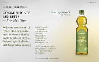 D E O L E OT E A M D 19
06. Recommendations
Communicate
benefits
Fry Healthy
55% of young
consumers*
perceive light
olive oil
as healthy,
flavourful,
Nutritious
and versatile
Cross promote fried
dishes in restaurants
to amplify product
awareness
Extra Light Olive Oil
for Frying
*vs 26% in older consumers
Reduce misconception of
refined olive oil’s smoke
point by communicating
health benefits of olive oil
designed specifically for
high temperature cooking
 
