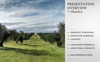 T E A M D
01. INDUSTRY OVERVIEW
02. Executive Summary
03. Caveats
04. Consumer Feedback
05. Additional Insights
06. Recommendations
Presentation
Overview
Deoleo
 