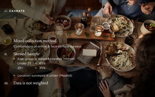 D E O L E OT E A M D 5
03. CAVEATS
I.	 Mixed collection method
Combination of online & face-to-face surveys
II.	 Skewed Sample
	 	Age group is skewed towards interest:
	 Under 35 	 = 	 65%
	 35+ 			= 	35% 	
	 	Location surveyed is urban (Madrid)
III. 	 Data is not weighted
 