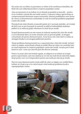 Nu exista nici un dubiu că prioritatea ar trebui să fie sterilizarea femelelor, ele
     fiind cele care influenţează direct creşterea populaţiei canine.
     Asta nu înseamnă că nu trebuie să vă chinuiţi să prindeţi şi masculii – pentru
     că şi ei trebuie castraţi din mai multe motive. Castrarea reduce agresivitatea şi
     comportamentul dominant asupra teritoriului, elimină posibilitatea unor forme




                            N
                    TI O IO ft
     de cancer şi demonstrează comunităţii că vreţi să rezolvaţi problema populaţiei
     canine din stradă.




                    TI T ra
     Prinzând toţi câinii (femele şi masculi) puteţi să îi vaccinaţi antirabic, să îi trataţi




                   RI hirFT
                 IA d U D
     de boli (care se pot transmite la oameni) şi astfel să îmbunătăţiţi sănătatea
     publică şi să reduceţi grijile referitoare la câinii de pe stradă.




              IC ddeB d
     Scopul dumneavoastră nu este numai să reduceţi numărul de câini din stradă




                      O N
           BL eT TA
     ci şi să eliminaţi ideea că aceste animale sunt un pericol public, să atrageţi
     comunitatea de partea dumneavoastră. Acest lucru este vital când va trebui să




                       N
     strângeţi fonduri şi să atrageţi publicitate pozitivă.
       PU Dag DR
     Totuşi problema dumneavoastră nu o reprezintă doar câinii din stradă. Inclusiv
         R IS n -
     câinii cu stăpân, nesterilizaţi şi lăsaţi să umble liberi pe străzi vor contribui într-
     un mod important la creşterea populaţiei canine din stradă. Aceştia pot fi câini




                  CA
       FO R p io
     ţinuti în casă / curte sau câini de pază din diverse instituţii.
            PU a
            k NDrs


     Pentru că aceşti câini sunt hrăniţi regulat, au adăpost şi nu trebuie să se lupte
     pentru supravieţuire, sunt mai sănătoşi şi vor trăi mai mult decât câinii fără stăpân,
              BL
    O FO c Ve



     drept pentru care vor fi răspunzători pentru mai mulţi pui născuţi pe stradă.
   NT b O




     Dacă în zona dumneavoastră există astfel de câini cu stăpân care umblă liberi,
     trebuie să îi luaţi şi pe ei în calcul atunci când analizaţi problema locală a
        ECn




     suprapopulaţiei canine.
            a
 NO S i an

         a
 m
Ro



  OR T




16
                                                                                    Revenire
                                                                                       la
                                                                                   ‘Continut’
 