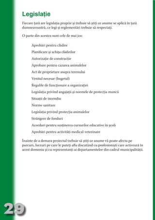Legislaţie
     Fiecare ţară are legislaţia proprie şi trebuie să ştiţi ce anume se aplică în ţară
     dumneavoastră, ce legi şi reglementări trebuie să respectaţi.




                                   N
                          TI O IO ft
     O parte din acestea sunt cele de mai jos:




                          TI T ra
           Aprobări pentru clădire




                          RI hirFT
                      IA d U D
           Planificare şi schiţa clădirilor
           Autorizaţie de construcţie




                   IC ddeB d

                            O N
           Aprobare pentru cazarea animalelor




                BL eT TA
           Act de proprietare asupra terenului




                             N
            PU Dag DR
           Venitul necesar (bugetul)
               R IS n -
           Regulile de funcţionare a organizaţiei
           Legislaţia privind angajaţii şi normele de protecţia muncii




                       CA
               Rk p Do
           Situaţii de incendiu
                 PU a
                       si

           Norme sanitare
           FOac ONr

                   BL
                    e



           Legislaţia privind protecţia animalelor
        T b Cn V



           Strângere de fonduri
           Acorduri pentru susţinerea cursurilor educative în şcoli
            SE ia




           Aprobări pentru activităţi medical-veterinare
  an




     Înainte de a demara proiectul trebuie să ştiţi ce anume vă poate afecta pe
            FO




     parcurs, lucruri pe care le puteţi afla discutând cu profesionişti care activează în
 m




     acest domeniu şi cu reprezentanţi ai departamentelor din cadrul municipalităţii.
Ro



       OR T
       NO
     NO




29
                                                                                  Re eni e
                                                                                     la
                                                                                    Con in
 