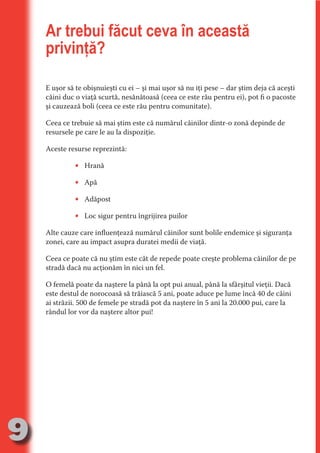 Ar trebui făcut ceva în această
     privinţă?




                                   N
                          TI O IO ft
                          TI T ra
     E uşor să te obişnuieşti cu ei – şi mai uşor să nu iţi pese – dar ştim deja că aceşti
     câini duc o viaţă scurtă, nesănătoasă (ceea ce este rău pentru ei), pot fi o pacoste




                          RI hirFT
                      IA d U D
     şi cauzează boli (ceea ce este rău pentru comunitate).




                   IC ddeB d
     Ceea ce trebuie să mai ştim este că numărul câinilor dintr-o zonă depinde de




                            O N
     resursele pe care le au la dispoziţie.




                BL eT TA
     Aceste resurse reprezintă:




                             N
            PU Dag DR
              •   Hrană
               R IS n -
              •   Apă




                       CA
              •
               Rk p Do
                  Adăpost
                 PU a
                       si

              •   Loc sigur pentru îngrijirea puilor
           FOac ONr

                   BL
                    e



     Alte cauze care influenţează numărul câinilor sunt bolile endemice şi siguranţa
        T b Cn V



     zonei, care au impact asupra duratei medii de viaţă.

     Ceea ce poate că nu ştim este cât de repede poate creşte problema câinilor de pe
     stradă dacă nu acţionăm în nici un fel.
  an
            SE ia




     O femelă poate da naştere la până la opt pui anual, până la sfârşitul vieţii. Dacă
     este destul de norocoasă să trăiască 5 ani, poate aduce pe lume încă 40 de câini
            FO




     ai străzii. 500 de femele pe stradă pot da naştere în 5 ani la 20.000 pui, care la
 m




     rândul lor vor da naştere altor pui!
Ro



       OR T
       NO
     NO




9
                                                                                 Re eni e
                                                                                    la
                                                                                   Con in
 