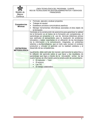 Modelo de
Mejora
Continua
LÍNEA TECNOLÓGICA DEL PROGRAMA: CLIENTE
RED DE TECNOLOGIAS DE GESTIÓN ADMINISTRATIVA Y SERVICIOS
FINANCIEROS
Competencias
Mínimas
• Formular, ejecutar y evaluar proyectos.
• Trabajar en equipo
• Establecer procesos comunicativos asertivos
• Manejar herramientas informáticas asociadas al área objeto de
la formación
ESTRATEGIA
METODOLOGICA
Centrada en la construcción de autonomía para garantizar la calidad
de la formación en el marco de la formación por competencias, el
aprendizaje por proyectos y el uso de técnicas didácticas activas
que estimulan el pensamiento para la resolución de problemas
simulados y reales; soportadas en el utilización de las tecnologías
de la información y la comunicación, integradas, en ambientes
abiertos y pluritecnológicos, que en todo caso recrean el contexto
productivo y vinculan al aprendiz con la realidad cotidiana y el
desarrollo de las competencias.
Igualmente, debe estimular de manera permanente la autocrítica y
la reflexión del aprendiz sobre el que hacer y los resultados de
aprendizaje que logra a través de la vinculación activa de las
cuatro fuentes de información para la construcción de conocimiento:
 El instructor - Tutor
 El entorno
 Las TIC
 El trabajo colaborativo
3
 