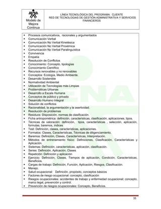 Modelo de
Mejora
Continua
LÍNEA TECNOLÓGICA DEL PROGRAMA: CLIENTE
RED DE TECNOLOGIAS DE GESTIÓN ADMINISTRATIVA Y SERVICIOS
FINANCIEROS
 Procesos comunicativos, racionales y argumentados
 Comunicación Verbal
 Comunicación No Verbal Kinetésica
 Comunicación No Verbal Proxémica
 Comunicación No Verbal Paralinguística
 Convivencia
 Empatía
 Resolución de Conflictos
 Conocimiento: Concepto, tipologías
 Conocimiento Científico
 Recursos renovables y no renovables
 Conceptos: Ecología, Medio Ambiente.
 Desarrollo Sostenible
 Normatividad Ambiental
 Utilización de Tecnologías más Limpias
 Problemáticas Urbanas
 Desarrollo a Escala Humana
 Conceptos de público y privado
 Desarrollo Humano Integral
 Solución de conflictos
 Racionalidad, la argumentación y la asertividad.
 Resolución de problemas
 Residuos: Disposición, normas de clasificación.
 Ficha antropométrica: definición, características, clasificación, aplicaciones, tipos.
 Técnicas de valoración: definición, tipos, características , selección, aplicación,
formulas, baremos, índices
 Test: Definición, clases, características, aplicaciones.
 Formatos: Clases, Características, Técnicas de diligenciamiento.
 Baremos: Definición, Clases, Características, Interpretación.
 Métodos de entrenamiento físico: Definiciones, Clasificación, Características y
Aplicación.
 Sistemas: Definición, características, aplicación, clasificación.
 Series: Definición, Aplicación, Clases
 Repetición: Definición y aplicación
 Ejercicio: Definición, Clases, Tiempos de aplicación, Condición, Características,
Beneficios.
 Cargas de trabajo: Definición, Función, Aplicación, Riesgos, Clasificación.
 Manejo.
 Salud ocupacional: Definición, propósito, conceptos básicos
 Factores de riesgo ocupacional: concepto, clasificación
 Riesgos ocupacionales: accidentes de trabajo y enfermedad ocupacional; concepto,
marco legal, prevención y control.
 Prevención de riesgos ocupacionales: Concepto, Beneficios.
35
 