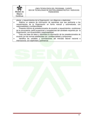 Modelo de
Mejora
Continua
LÍNEA TECNOLÓGICA DEL PROGRAMA: CLIENTE
RED DE TECNOLOGIAS DE GESTIÓN ADMINISTRATIVA Y SERVICIOS
FINANCIEROS
planes y requerimientos de la Organización. con diligencia y objetividad
• Elabora un sistema de información de aspirantes que sea pertinente a los
requerimientos de la Organización en forma manual y automatizada, con
responsabilidad y confidencialidad
• Presenta informe de preseleccionados de acuerdo a requerimientos, condiciones
de la convocatoria, perfil ocupacional y competencias del candidato requerido por la
Organización, con ecuanimidad y responsabilidad
• Crea una base de datos y administra la información de los preseleccionados de
acuerdo con las normas establecidas con confidencialidad y compromiso
• Identifica las variables y connotaciones del mercado laboral nacional e
internacional, con objetividad y pertinencia
8
 