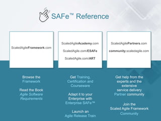 SAFe™ Reference
ScaledAgilePartners.com
community.scaledagile.com
ScaledAgileFramework.com
Browse the
Framework
Read the Book
Agile Software
Requirements
Get Training,
Certification and
Courseware
Adapt it to your
Enterprise with
Enterprise SAFe™
Launch an
Agile Release Train
ScaledAgileAcademy.com
ScaledAgile.com/ESAFe
ScaledAgile.com/ART
Get help from the
experts and the
extensive
service delivery
Partner community
Join the
Scaled Agile Framework
Community
 