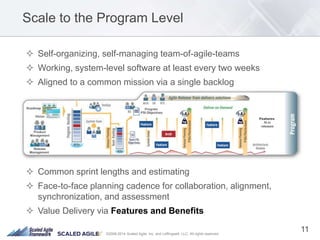 ©2008-2014 Scaled Agile, Inc. and Leffingwell, LLC. All rights reserved.
Scale to the Program Level
 Self-organizing, self-managing team-of-agile-teams
 Working, system-level software at least every two weeks
 Aligned to a common mission via a single backlog
 Common sprint lengths and estimating
 Face-to-face planning cadence for collaboration, alignment,
synchronization, and assessment
 Value Delivery via Features and Benefits
11
 