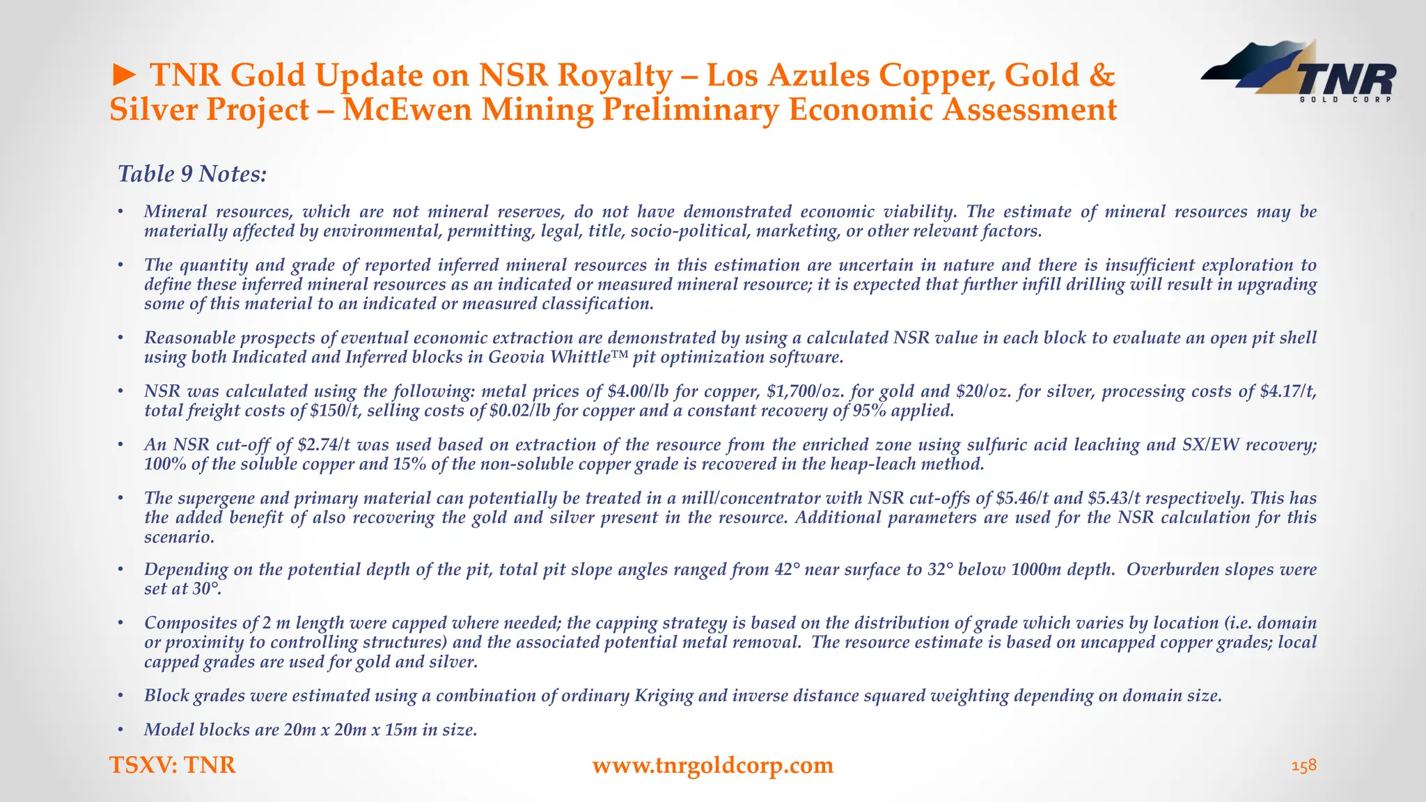 ► TNR Gold Update on NSR Royalty – Los Azules Copper, Gold &
Silver Project – McEwen Mining Preliminary Economic Assessment
Table 9 Notes:
• Mineral resources, which are not mineral reserves, do not have demonstrated economic viability. The estimate of mineral resources may be
materially affected by environmental, permitting, legal, title, socio-political, marketing, or other relevant factors.
• The quantity and grade of reported inferred mineral resources in this estimation are uncertain in nature and there is insufficient exploration to
define these inferred mineral resources as an indicated or measured mineral resource; it is expected that further infill drilling will result in upgrading
some of this material to an indicated or measured classification.
• Reasonable prospects of eventual economic extraction are demonstrated by using a calculated NSR value in each block to evaluate an open pit shell
using both Indicated and Inferred blocks in Geovia Whittle™ pit optimization software.
• NSR was calculated using the following: metal prices of $4.00/lb for copper, $1,700/oz. for gold and $20/oz. for silver, processing costs of $4.17/t,
total freight costs of $150/t, selling costs of $0.02/lb for copper and a constant recovery of 95% applied.
• An NSR cut-off of $2.74/t was used based on extraction of the resource from the enriched zone using sulfuric acid leaching and SX/EW recovery;
100% of the soluble copper and 15% of the non-soluble copper grade is recovered in the heap-leach method.
• The supergene and primary material can potentially be treated in a mill/concentrator with NSR cut-offs of $5.46/t and $5.43/t respectively. This has
the added benefit of also recovering the gold and silver present in the resource. Additional parameters are used for the NSR calculation for this
scenario.
• Depending on the potential depth of the pit, total pit slope angles ranged from 42° near surface to 32° below 1000m depth. Overburden slopes were
set at 30°.
• Composites of 2 m length were capped where needed; the capping strategy is based on the distribution of grade which varies by location (i.e. domain
or proximity to controlling structures) and the associated potential metal removal. The resource estimate is based on uncapped copper grades; local
capped grades are used for gold and silver.
• Block grades were estimated using a combination of ordinary Kriging and inverse distance squared weighting depending on domain size.
• Model blocks are 20m x 20m x 15m in size.
TSXV: TNR www.tnrgoldcorp.com 158
 