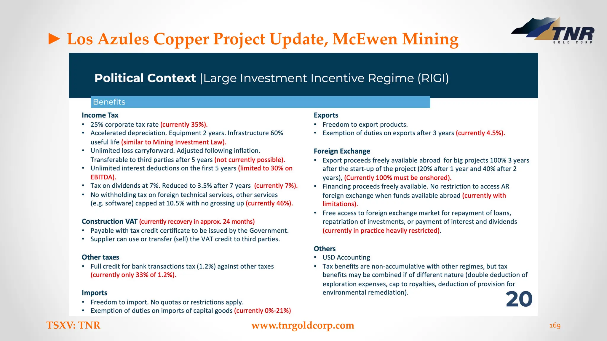 ► Los Azules Copper Project Update, McEwen Mining
TSXV: TNR www.tnrgoldcorp.com 169
 