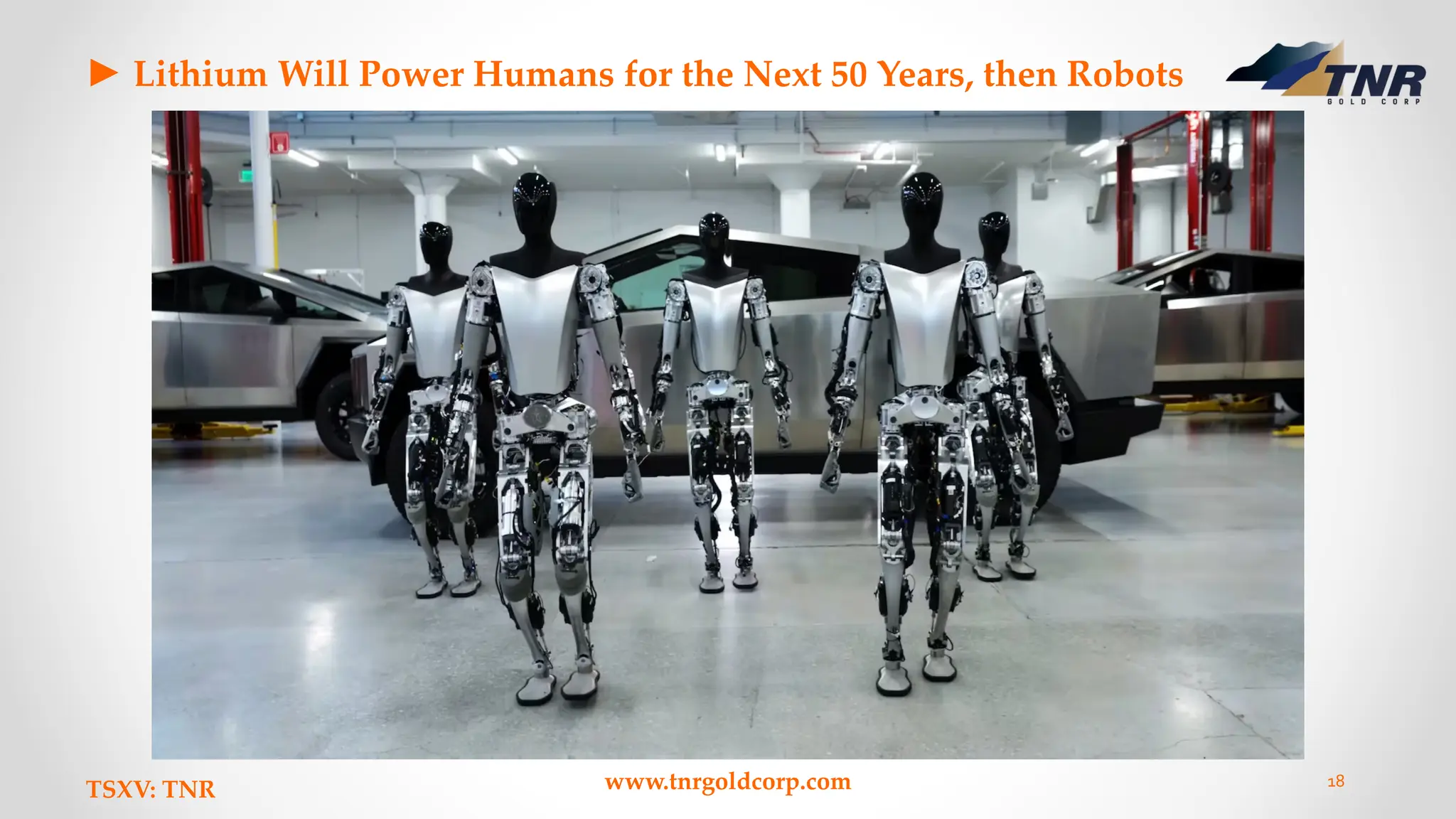 ► Lithium Will Power Humans for the Next 50 Years, then Robots
TSXV: TNR www.tnrgoldcorp.com 18
 