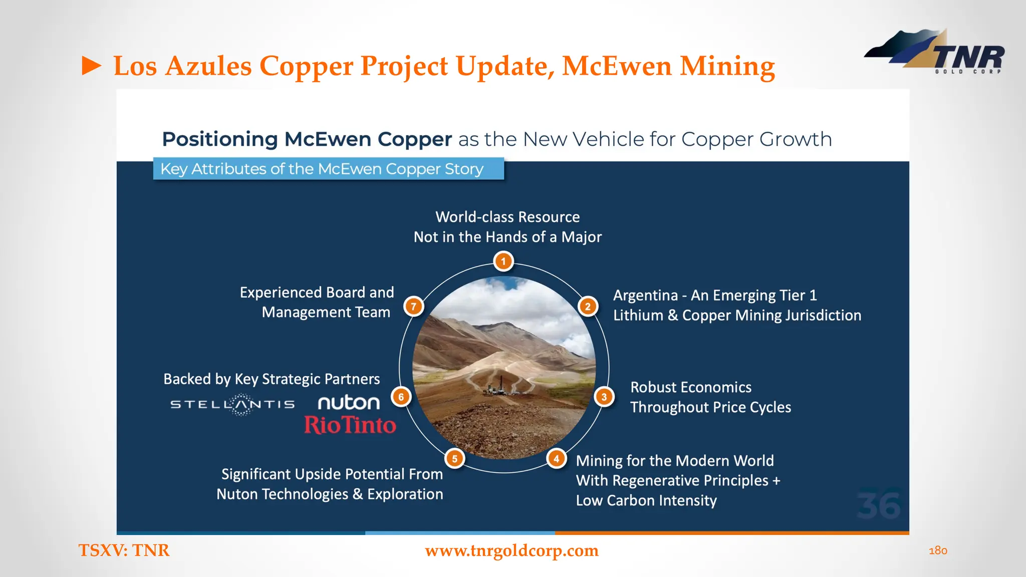 ► Los Azules Copper Project Update, McEwen Mining
TSXV: TNR www.tnrgoldcorp.com 180
 
