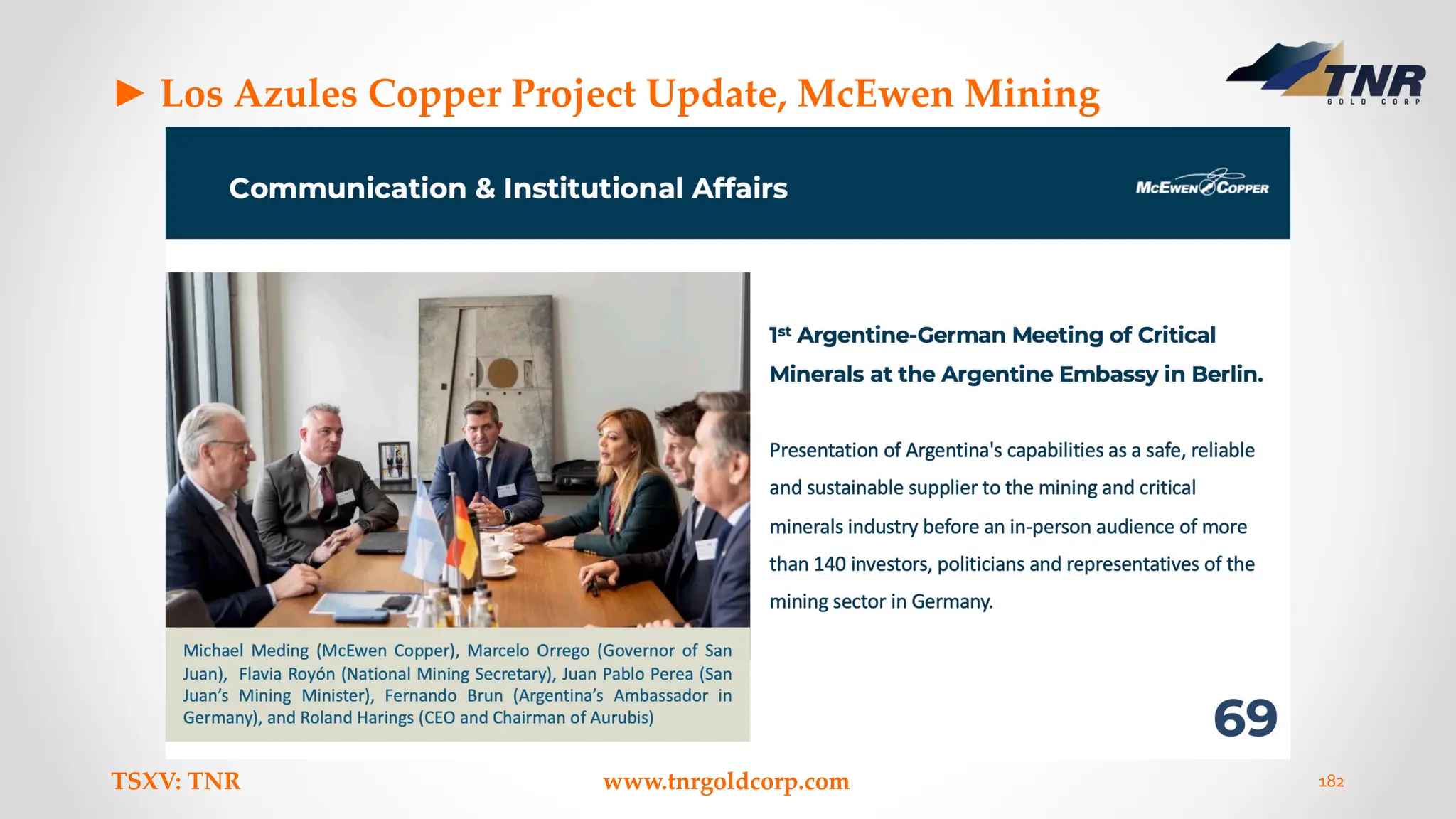 ► Los Azules Copper Project Update, McEwen Mining
TSXV: TNR www.tnrgoldcorp.com 182
 