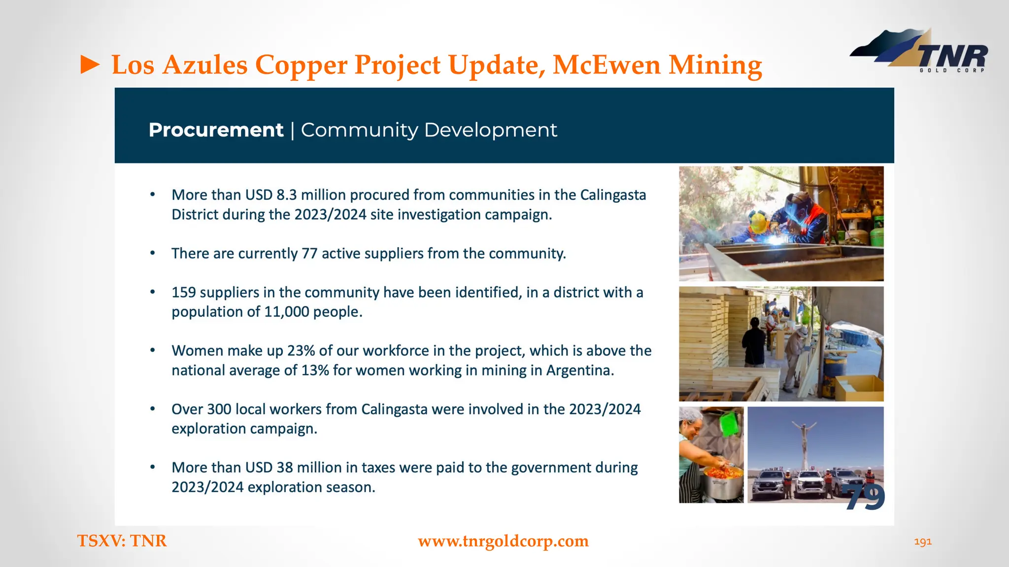 ► Los Azules Copper Project Update, McEwen Mining
TSXV: TNR www.tnrgoldcorp.com 191
 