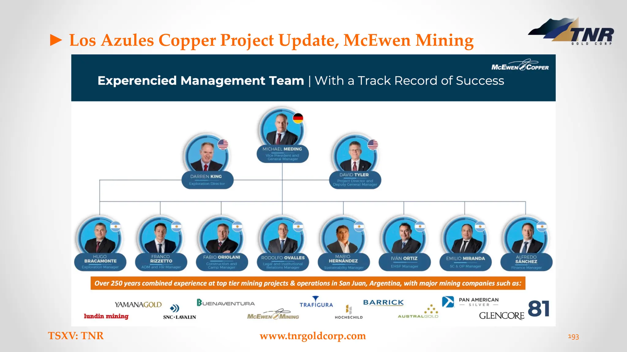 ► Los Azules Copper Project Update, McEwen Mining
TSXV: TNR www.tnrgoldcorp.com 193
 