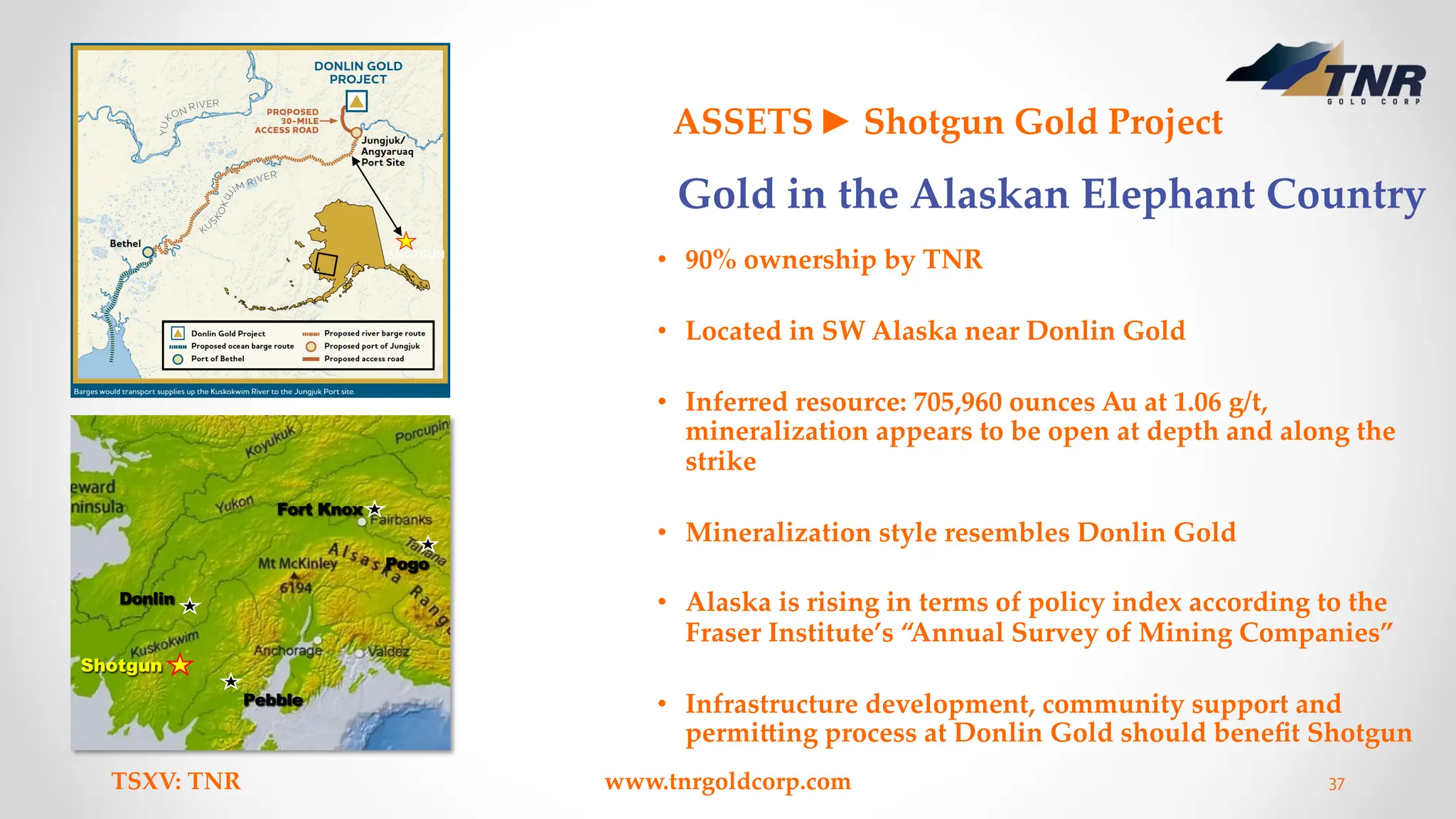 Shotgun
Pebble
Donlin
Fort Knox
Pogo
TSXV: TNR www.tnrgoldcorp.com 37
ASSETS► Shotgun Gold Project
• 90% ownership by TNR
• Located in SW Alaska near Donlin Gold
• Inferred resource: 705,960 ounces Au at 1.06 g/t,
mineralization appears to be open at depth and along the
strike
• Mineralization style resembles Donlin Gold
• Alaska is rising in terms of policy index according to the
Fraser Institute’s “Annual Survey of Mining Companies”
• Infrastructure development, community support and
permibing process at Donlin Gold should beneﬁt Shotgun
SHOTGUN
1
4
0
k
m
Gold in the Alaskan Elephant Country
 