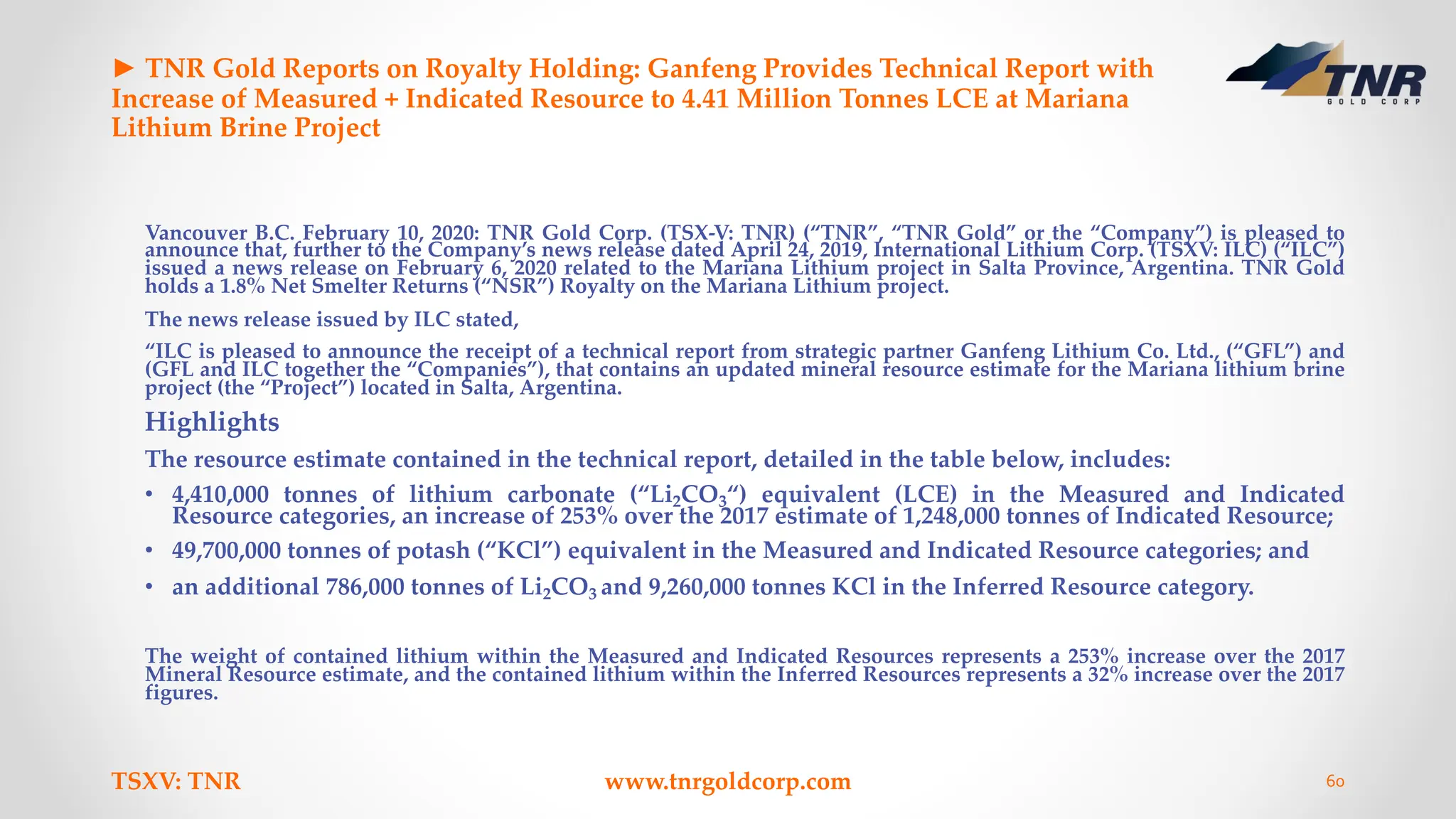 ► TNR Gold Reports on Royalty Holding: Ganfeng Provides Technical Report with
Increase of Measured + Indicated Resource to 4.41 Million Tonnes LCE at Mariana
Lithium Brine Project
Vancouver B.C. February 10, 2020: TNR Gold Corp. (TSX-V: TNR) (“TNR”, “TNR Gold” or the “Company”) is pleased to
announce that, further to the Company’s news release dated April 24, 2019, International Lithium Corp. (TSXV: ILC) (“ILC”)
issued a news release on February 6, 2020 related to the Mariana Lithium project in Salta Province, Argentina. TNR Gold
holds a 1.8% Net Smelter Returns (“NSR”) Royalty on the Mariana Lithium project.
The news release issued by ILC stated,
“ILC is pleased to announce the receipt of a technical report from strategic partner Ganfeng Lithium Co. Ltd., (“GFL”) and
(GFL and ILC together the “Companies”), that contains an updated mineral resource estimate for the Mariana lithium brine
project (the “Project”) located in Salta, Argentina.
Highlights
The resource estimate contained in the technical report, detailed in the table below, includes:
• 4,410,000 tonnes of lithium carbonate (“Li2CO3“) equivalent (LCE) in the Measured and Indicated
Resource categories, an increase of 253% over the 2017 estimate of 1,248,000 tonnes of Indicated Resource;
• 49,700,000 tonnes of potash (“KCl”) equivalent in the Measured and Indicated Resource categories; and
• an additional 786,000 tonnes of Li2CO3 and 9,260,000 tonnes KCl in the Inferred Resource category.
The weight of contained lithium within the Measured and Indicated Resources represents a 253% increase over the 2017
Mineral Resource estimate, and the contained lithium within the Inferred Resources represents a 32% increase over the 2017
figures.
TSXV: TNR www.tnrgoldcorp.com 60
 