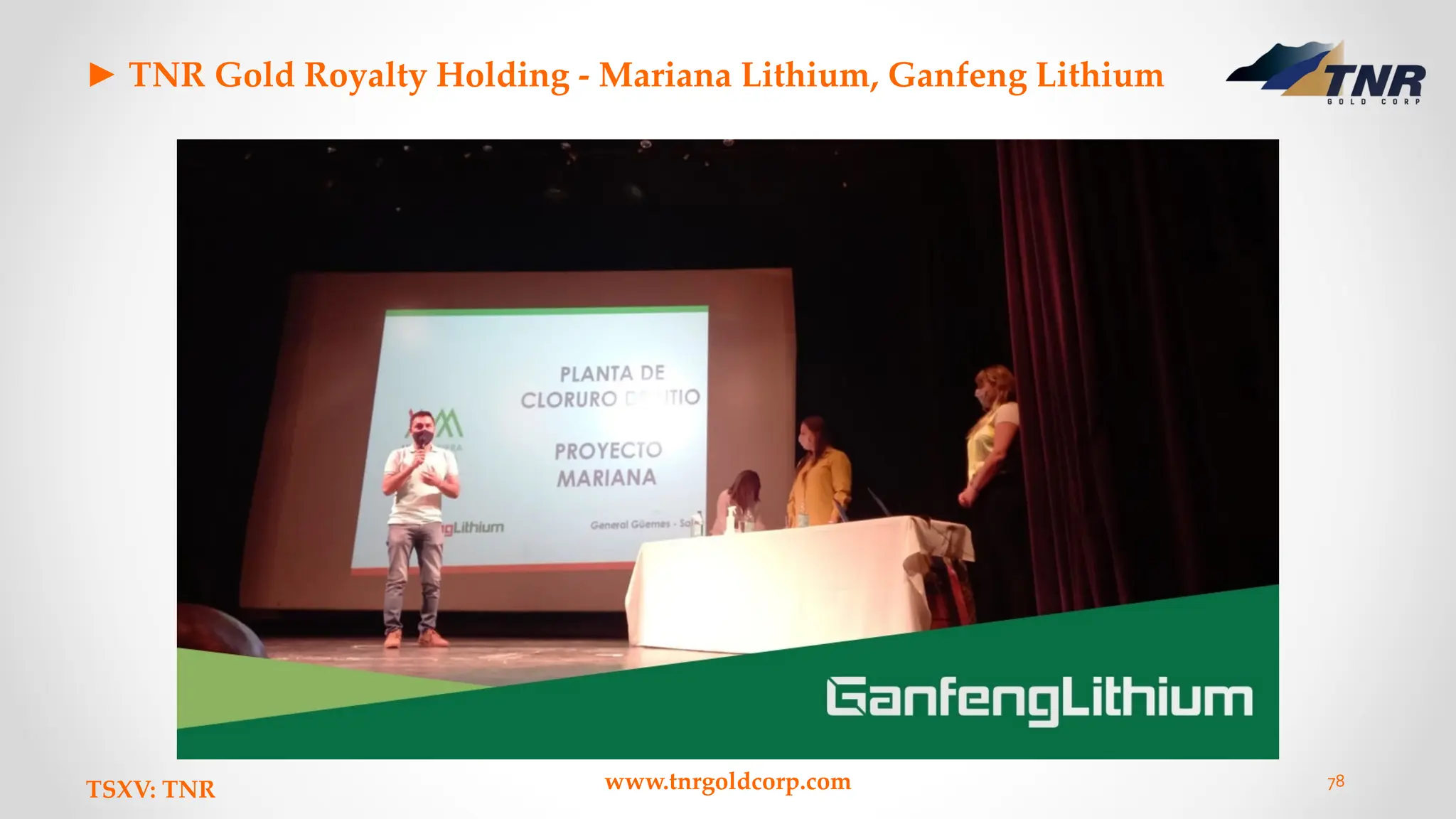 ► TNR Gold Royalty Holding - Mariana Lithium, Ganfeng Lithium
TSXV: TNR www.tnrgoldcorp.com 78
 