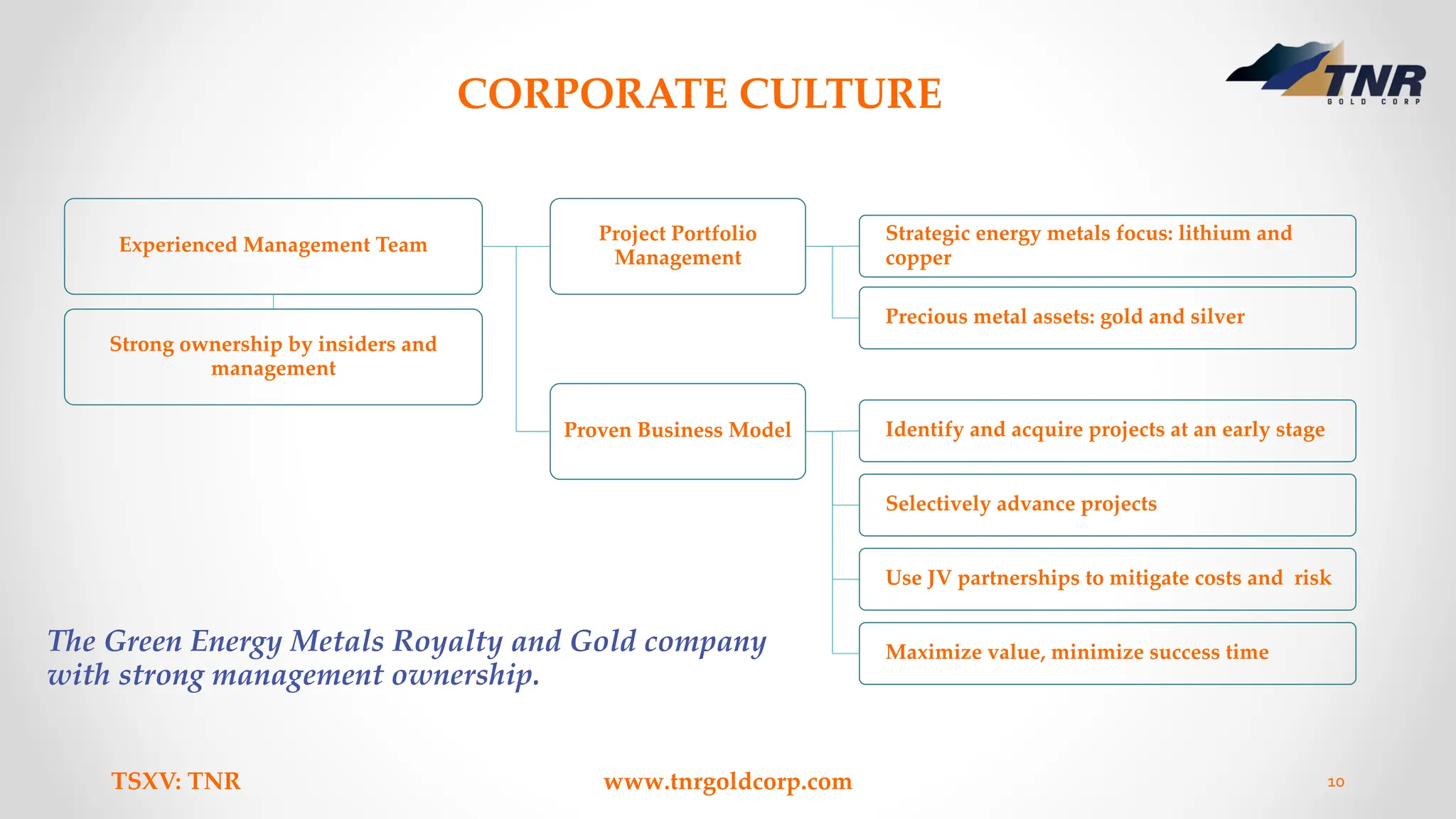 TSXV: TNR www.tnrgoldcorp.com 10
CORPORATE CULTURE
The Green Energy Metals Royalty and Gold company
with strong management ownership.
Experienced Management Team
Project Portfolio
Management
Strategic energy metals focus: lithium and
copper
Precious metal assets: gold and silver
Proven Business Model Identify and acquire projects at an early stage
Selectively advance projects
Use JV partnerships to mitigate costs and risk
Maximize value, minimize success time
Strong ownership by insiders and
management
 