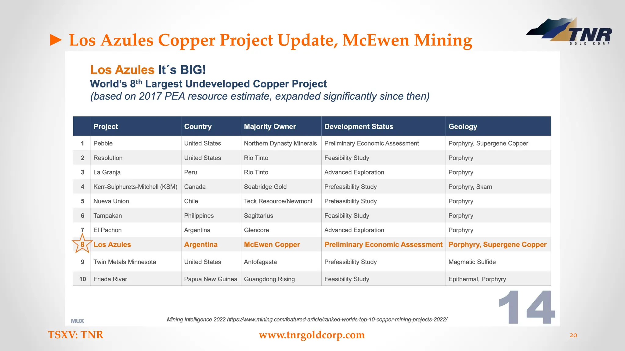 ► Los Azules Copper Project Update, McEwen Mining
TSXV: TNR www.tnrgoldcorp.com 20
 