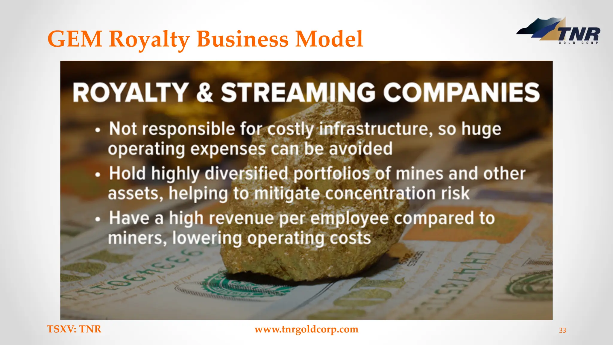 GEM Royalty Business Model
TSXV: TNR www.tnrgoldcorp.com 33
 