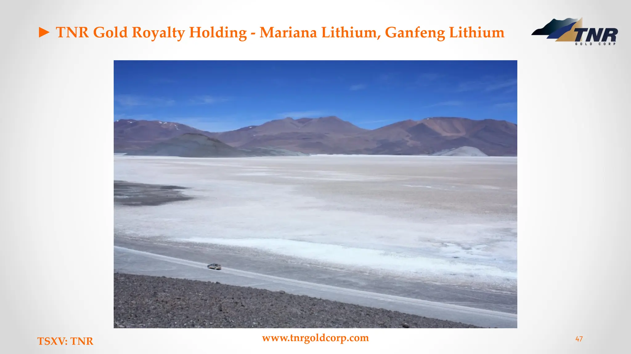 ► TNR Gold Royalty Holding - Mariana Lithium, Ganfeng Lithium
TSXV: TNR www.tnrgoldcorp.com 47
 