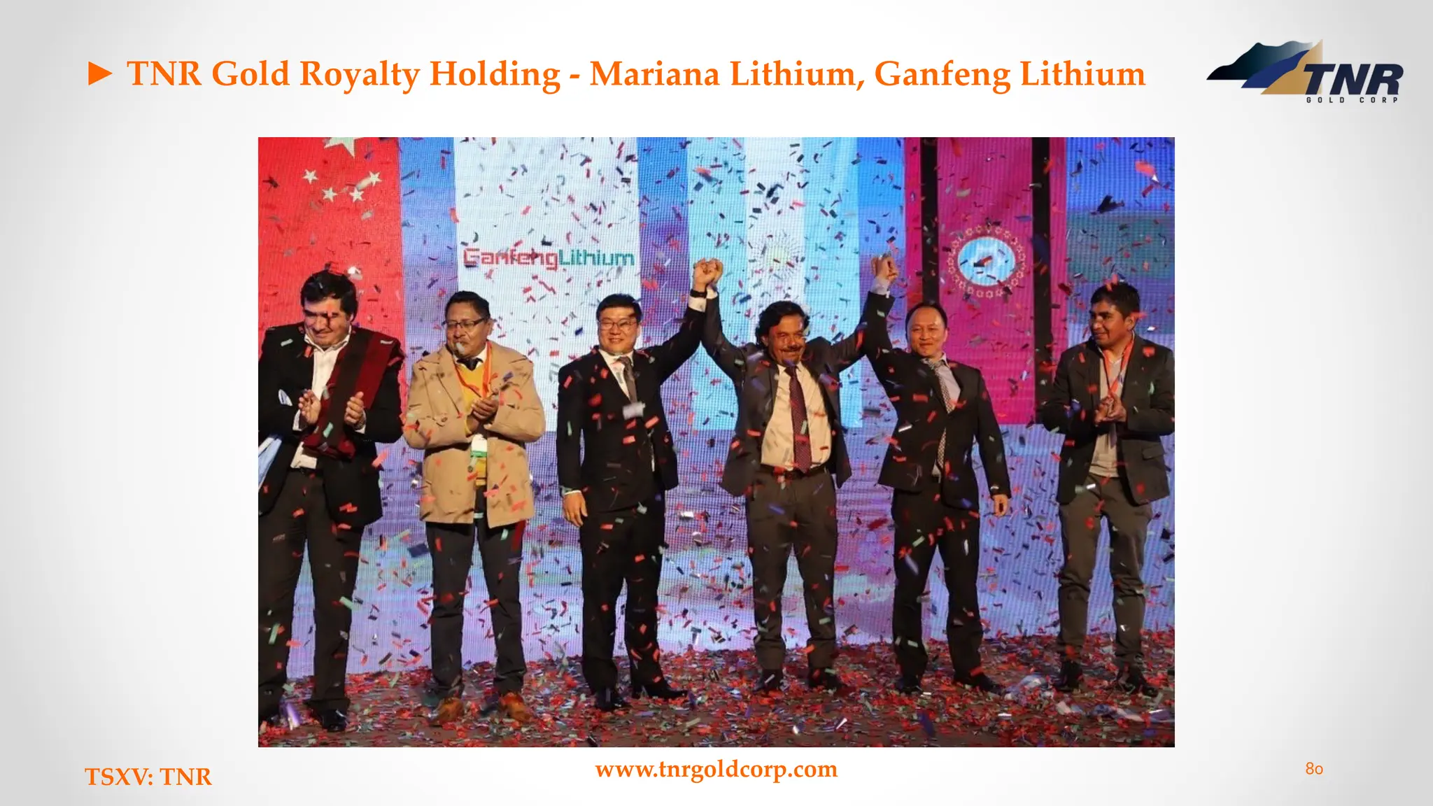 ► TNR Gold Royalty Holding - Mariana Lithium, Ganfeng Lithium
TSXV: TNR www.tnrgoldcorp.com 80
 