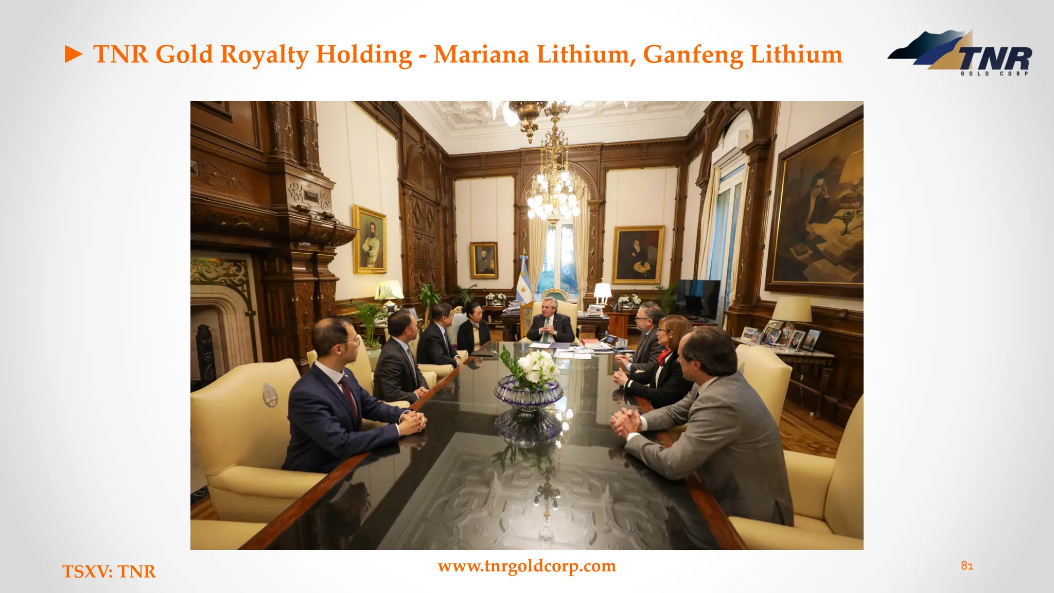 ► TNR Gold Royalty Holding - Mariana Lithium, Ganfeng Lithium
TSXV: TNR www.tnrgoldcorp.com 81
 