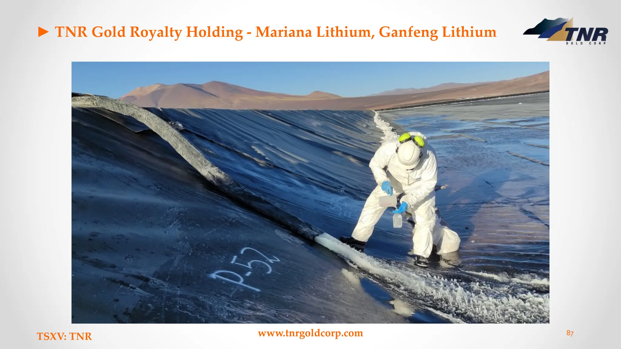 ► TNR Gold Royalty Holding - Mariana Lithium, Ganfeng Lithium
TSXV: TNR www.tnrgoldcorp.com 87
 