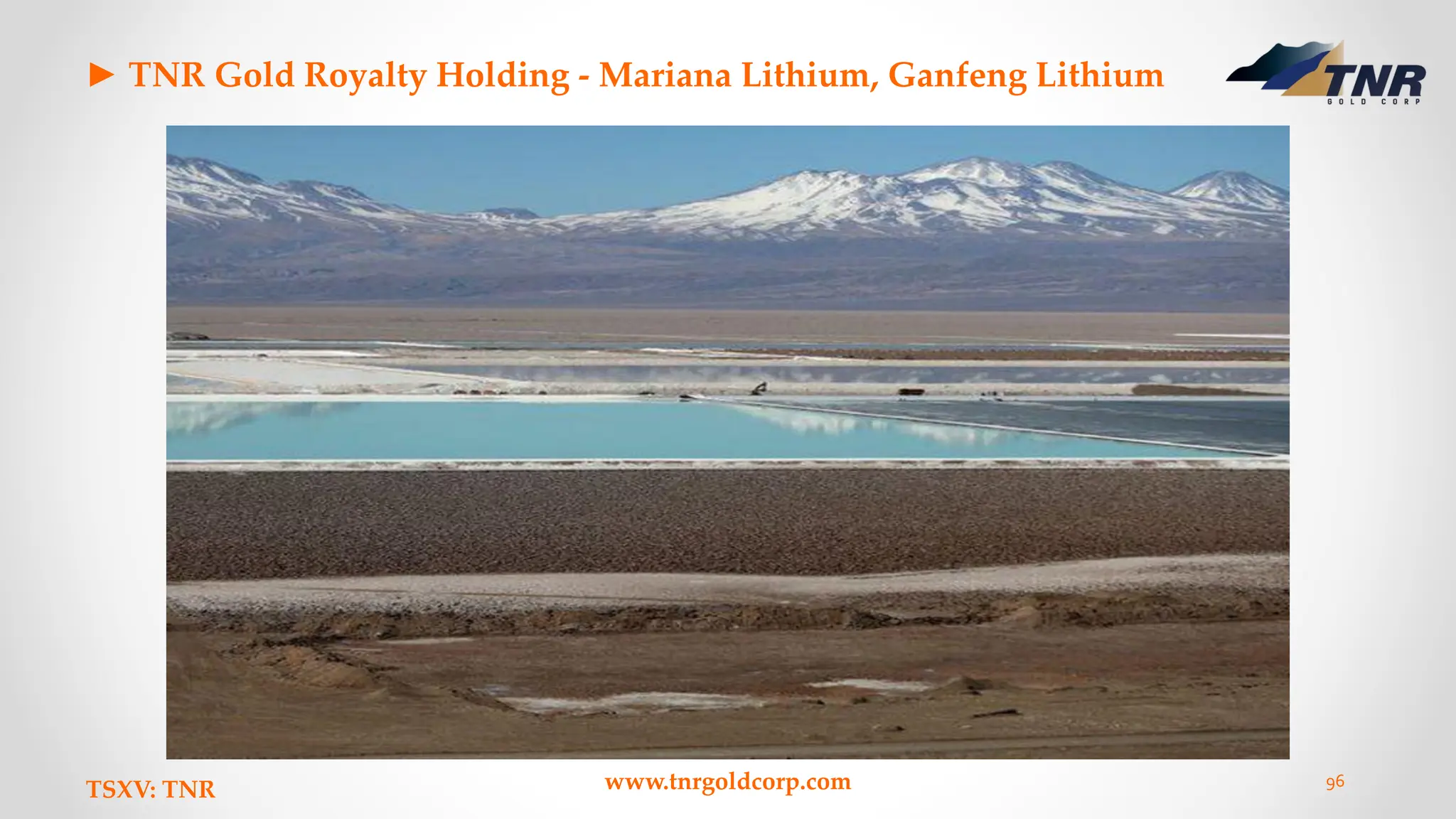 ► TNR Gold Royalty Holding - Mariana Lithium, Ganfeng Lithium
TSXV: TNR www.tnrgoldcorp.com 96
 
