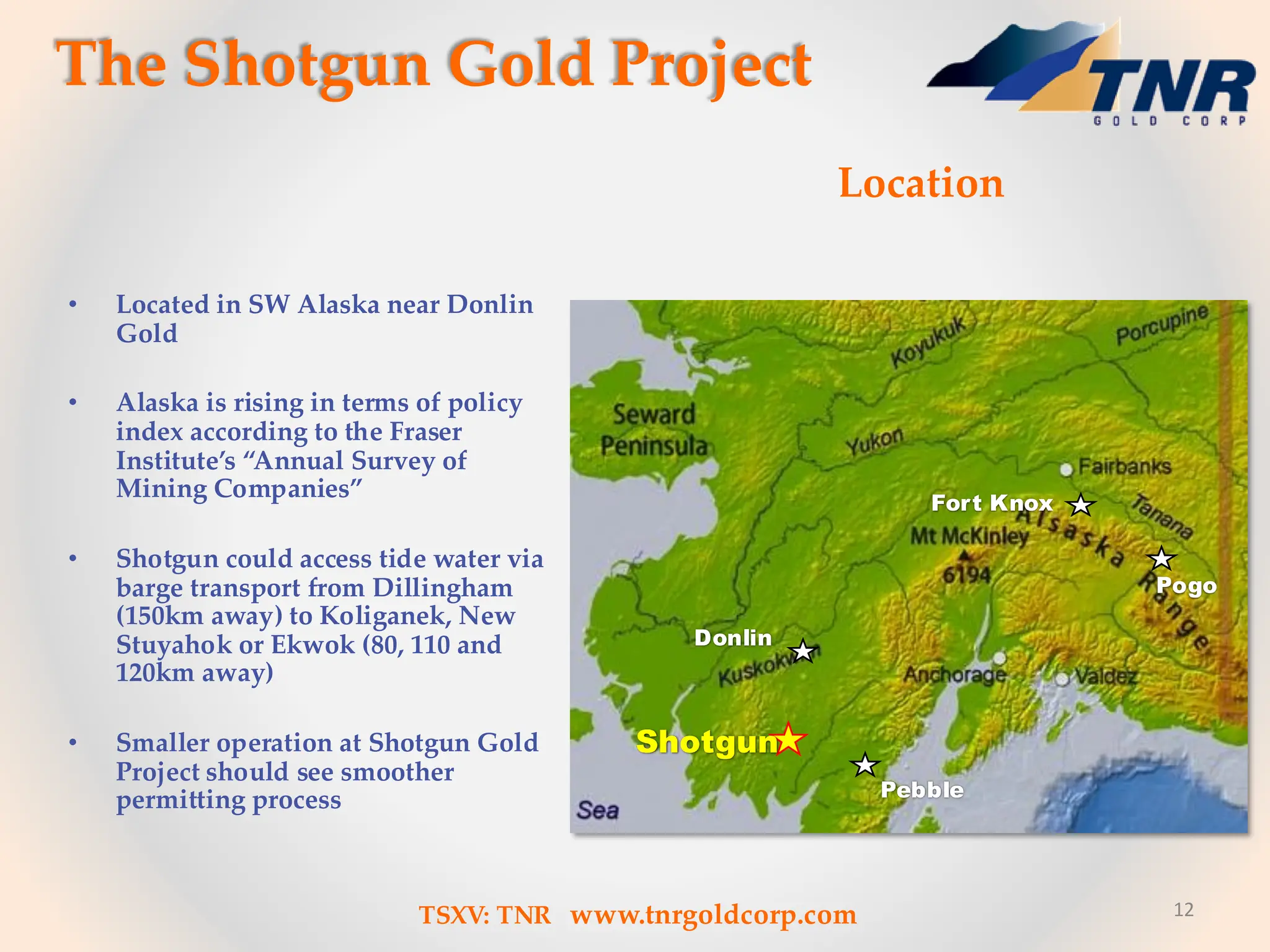 Location
• Located in SW Alaska near Donlin
Gold
• Alaska is rising in terms of policy
index according to the Fraser
Institute’s “Annual Survey of
Mining Companies”
• Shotgun could access tide water via
barge transport from Dillingham
(150km away) to Koliganek, New
Stuyahok or Ekwok (80, 110 and
120km away)
• Smaller operation at Shotgun Gold
Project should see smoother
permitting process
12
Source: McEwen Mining Inc.
Shotgun
Pebble
Donlin
Fort Knox
Pogo
The Shotgun Gold Project
TSXV: TNR www.tnrgoldcorp.com
 