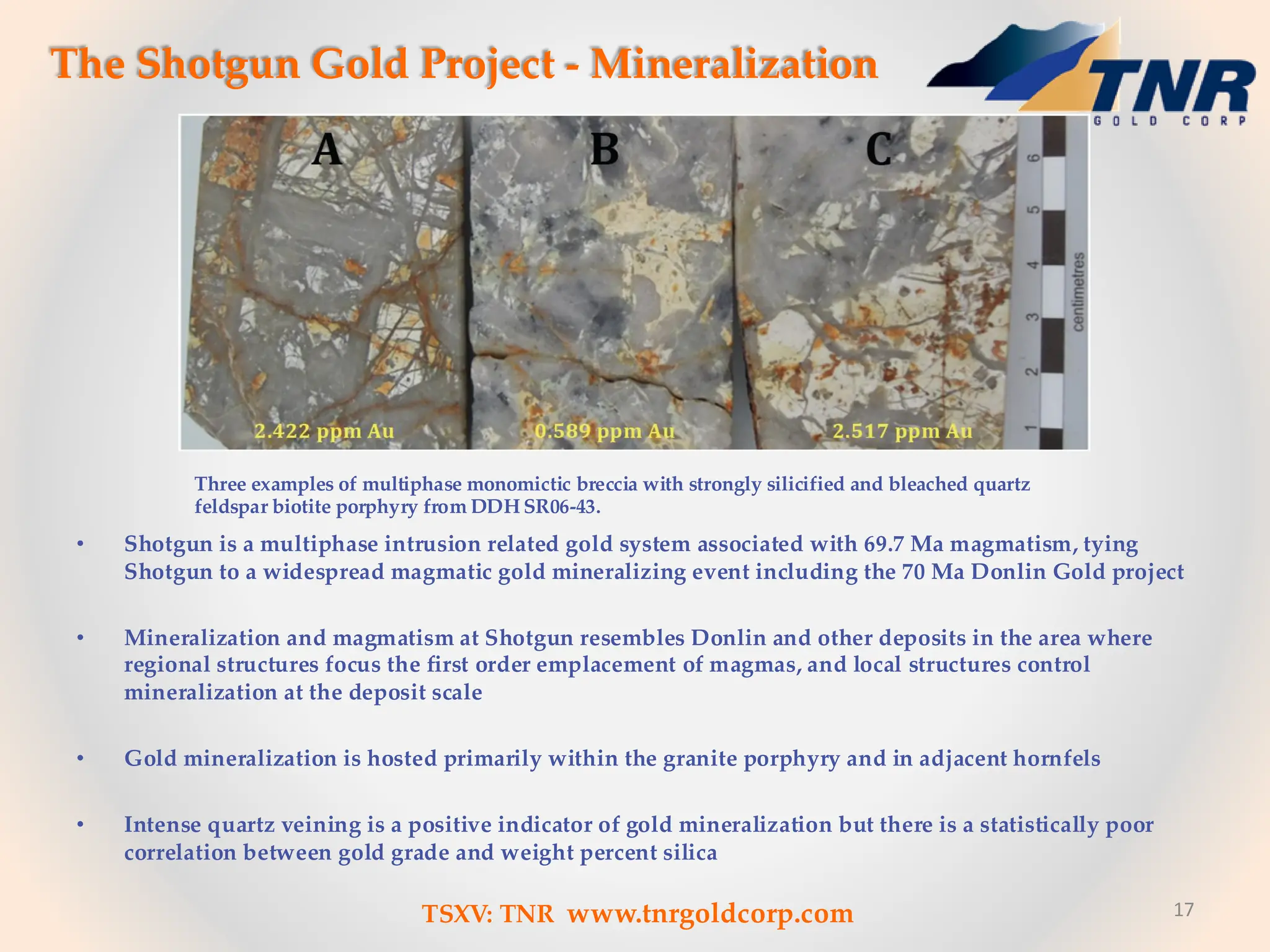 • Shotgun is a multiphase intrusion related gold system associated with 69.7 Ma magmatism, tying
Shotgun to a widespread magmatic gold mineralizing event including the 70 Ma Donlin Gold project
• Mineralization and magmatism at Shotgun resembles Donlin and other deposits in the area where
regional structures focus the first order emplacement of magmas, and local structures control
mineralization at the deposit scale
• Gold mineralization is hosted primarily within the granite porphyry and in adjacent hornfels
• Intense quartz veining is a positive indicator of gold mineralization but there is a statistically poor
correlation between gold grade and weight percent silica
17
The Shotgun Gold Project - Mineralization
Three examples of multiphase monomictic breccia with strongly silicified and bleached quartz
feldspar biotite porphyry from DDH SR06-43.
TSXV: TNR www.tnrgoldcorp.com
 