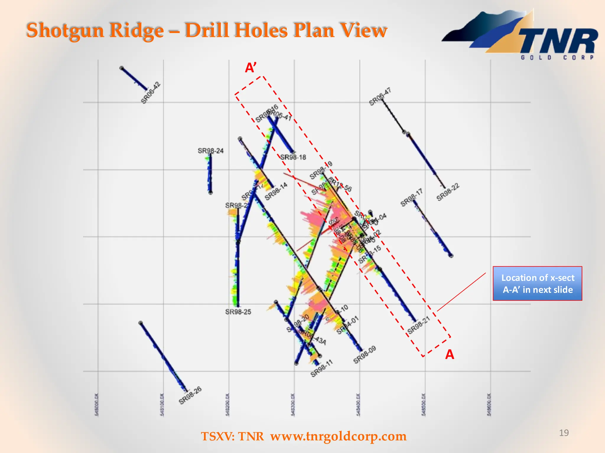 Shotgun Ridge – Drill Holes Plan View
19
Location of x-sect
A-A’ in next slide
A’
A
TSXV: TNR www.tnrgoldcorp.com
 