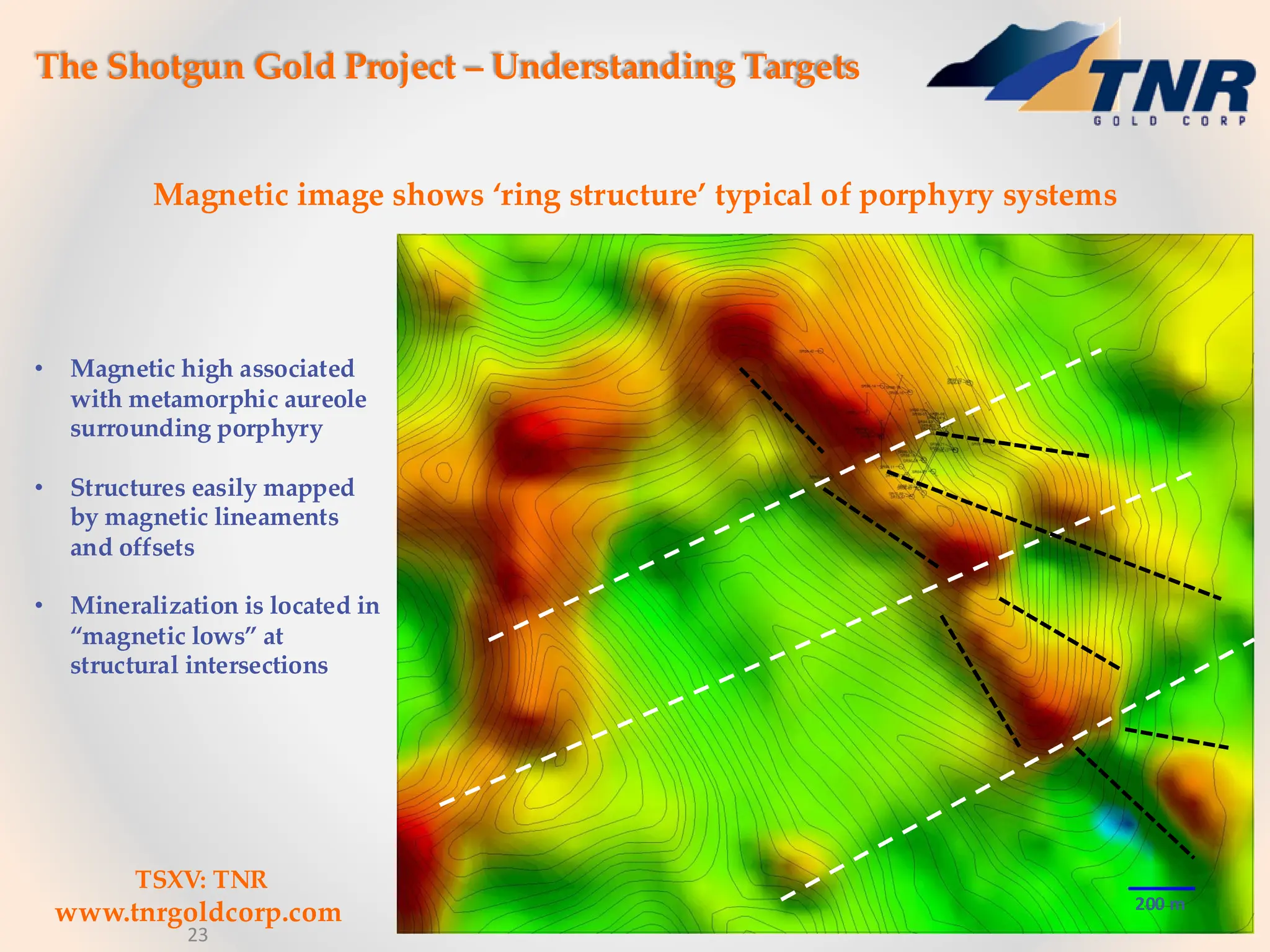 23
The Shotgun Gold Project – Understanding Targets
Magnetic image shows ‘ring structure’ typical of porphyry systems
• Magnetic high associated
with metamorphic aureole
surrounding porphyry
• Structures easily mapped
by magnetic lineaments
and offsets
• Mineralization is located in
“magnetic lows” at
structural intersections
200 m
TSXV: TNR
www.tnrgoldcorp.com
23
 