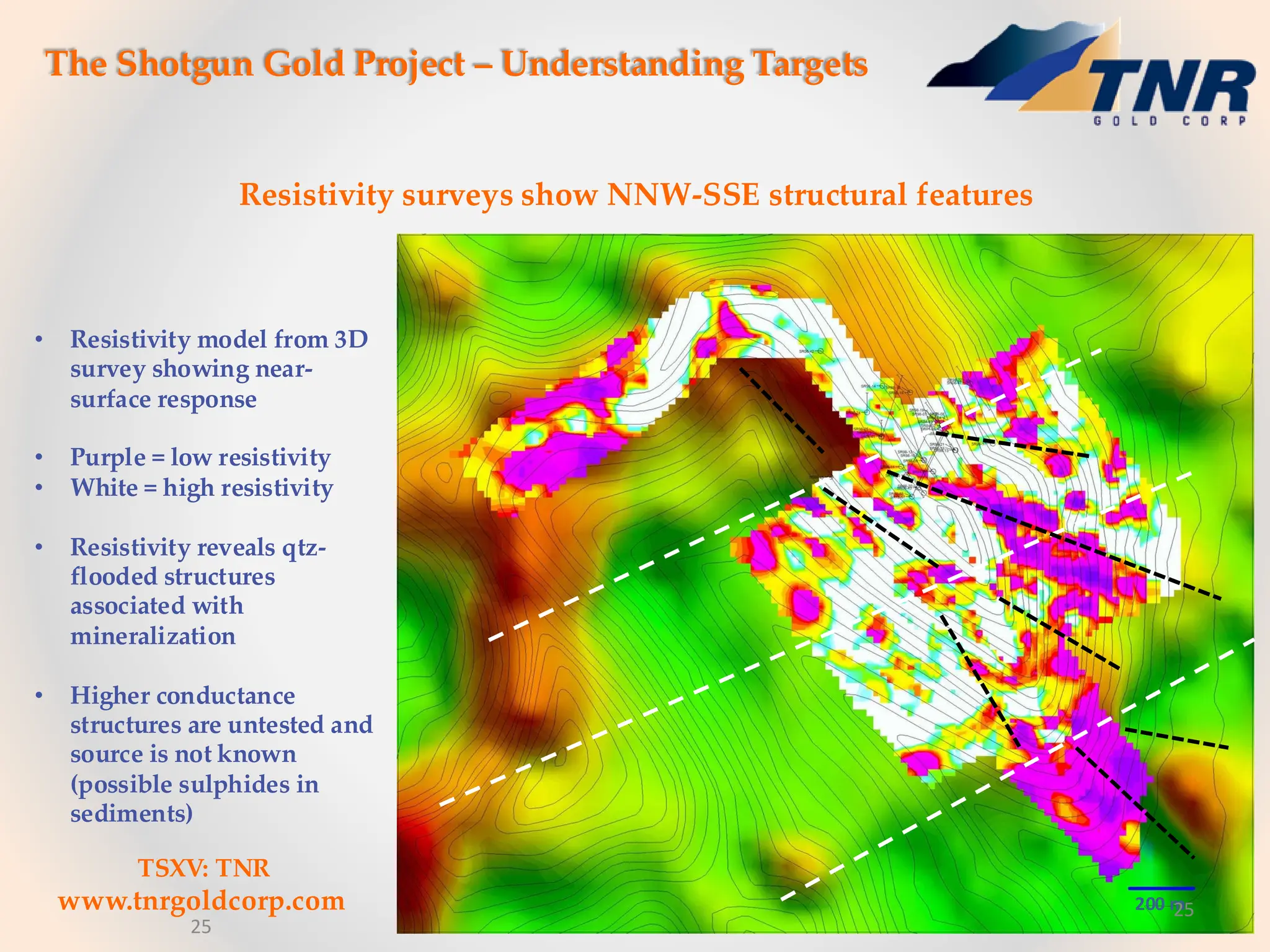 The Shotgun Gold Project – Understanding Targets
Resistivity surveys show NNW-SSE structural features
• Resistivity model from 3D
survey showing near-
surface response
• Purple = low resistivity
• White = high resistivity
• Resistivity reveals qtz-
flooded structures
associated with
mineralization
• Higher conductance
structures are untested and
source is not known
(possible sulphides in
sediments)
200 m
TSXV: TNR
www.tnrgoldcorp.com
25
25
 