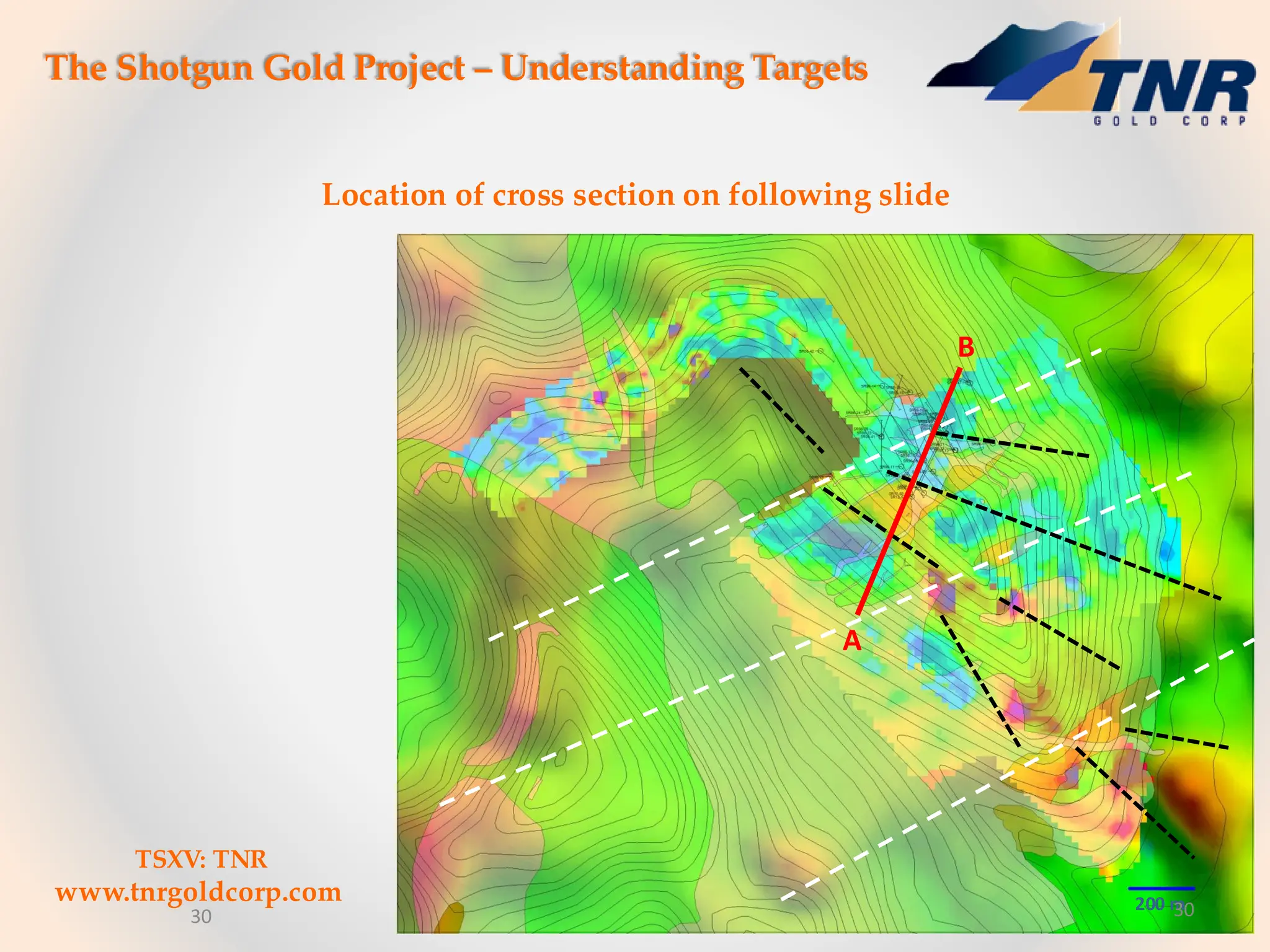 The Shotgun Gold Project – Understanding Targets
Location of cross section on following slide
200 m
A
B
30
TSXV: TNR
www.tnrgoldcorp.com
30
 