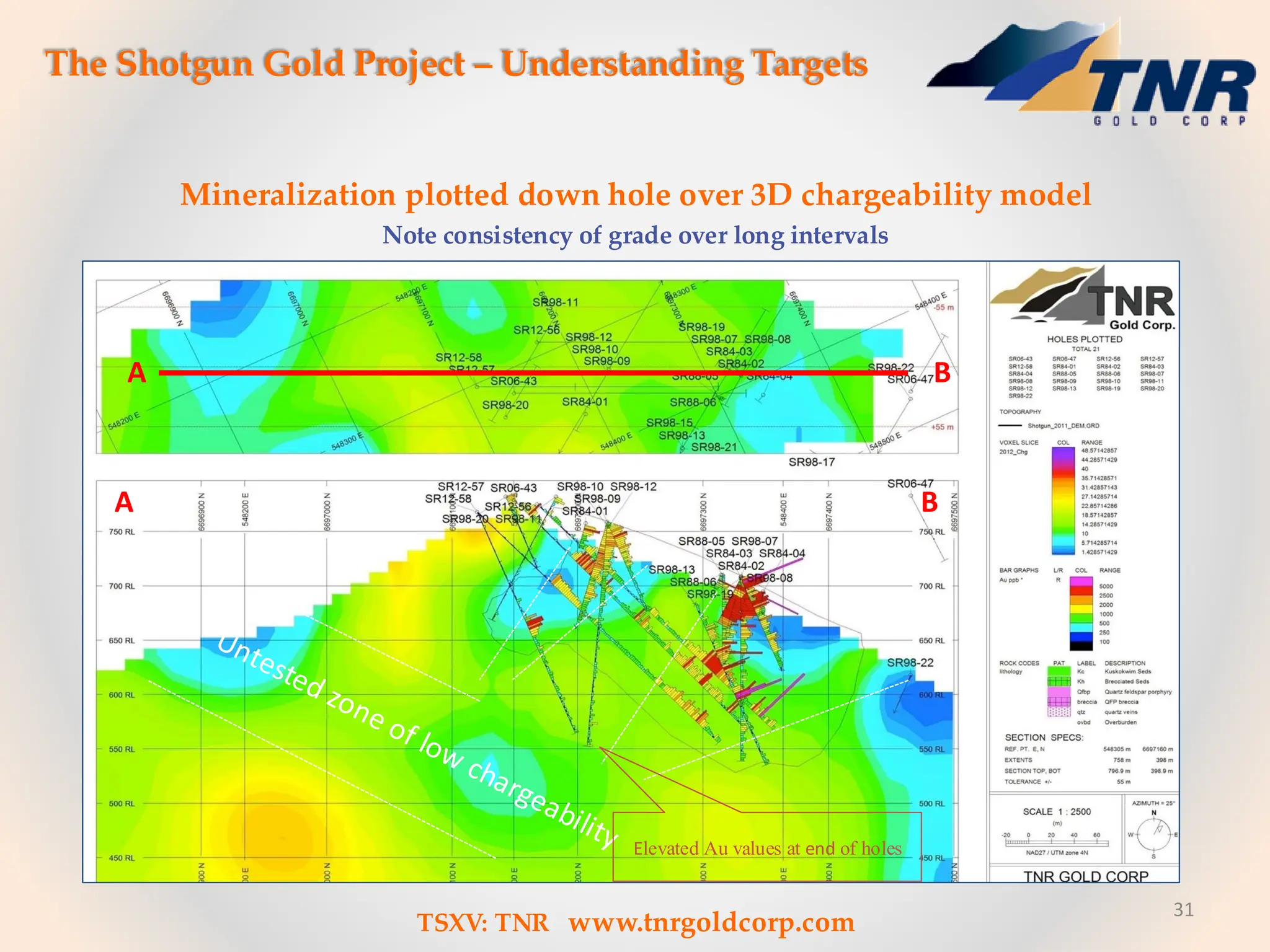 31
The Shotgun Gold Project – Understanding Targets
Mineralization plotted down hole over 3D chargeability model
Note consistency of grade over long intervals
A B
A B
Elevated Au values at end of holes
TSXV: TNR www.tnrgoldcorp.com
 