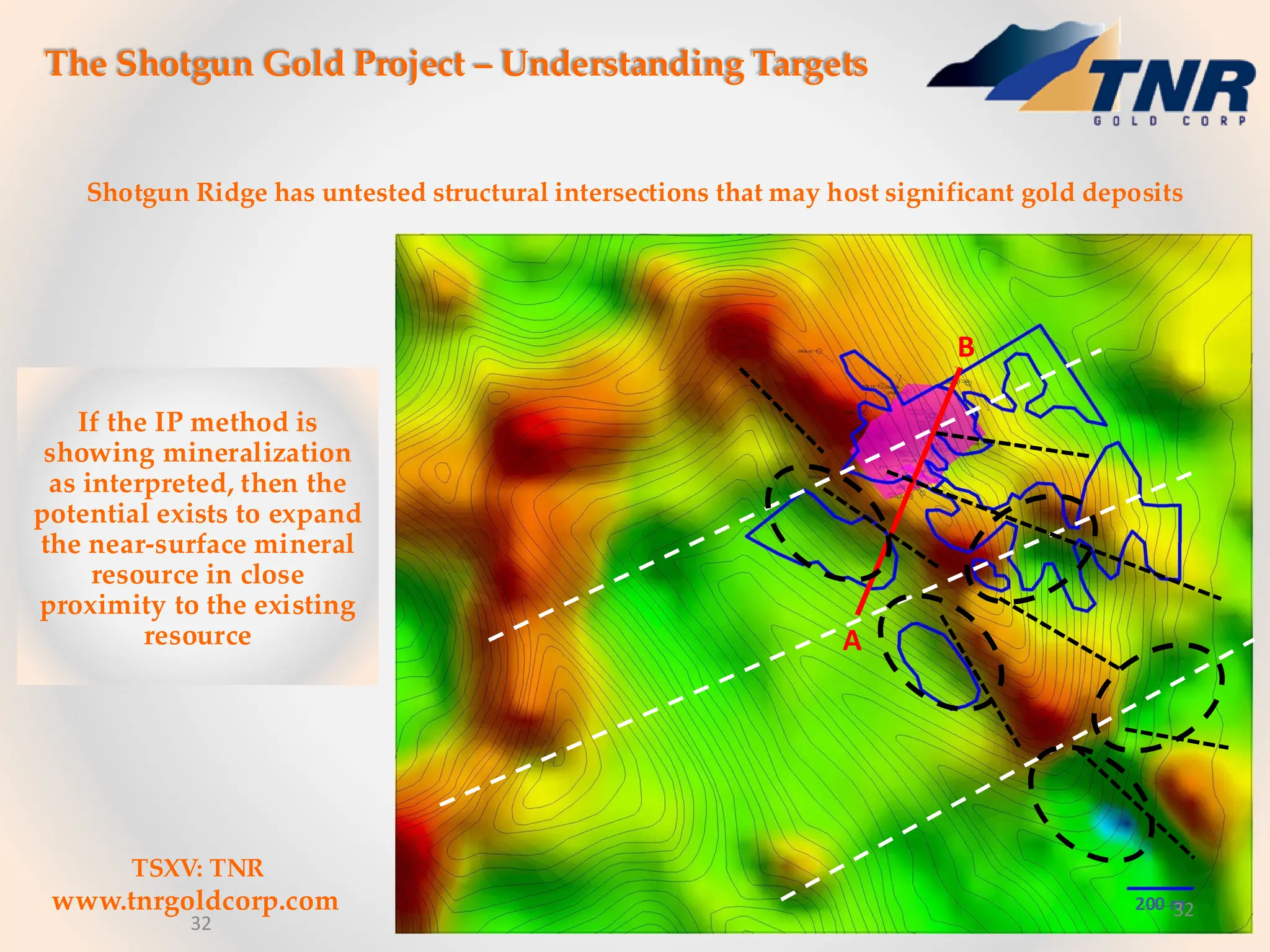 The Shotgun Gold Project – Understanding Targets
Shotgun Ridge has untested structural intersections that may host significant gold deposits
200 m
A
B
If the IP method is
showing mineralization
as interpreted, then the
potential exists to expand
the near-surface mineral
resource in close
proximity to the existing
resource
32
TSXV: TNR
www.tnrgoldcorp.com 32
 