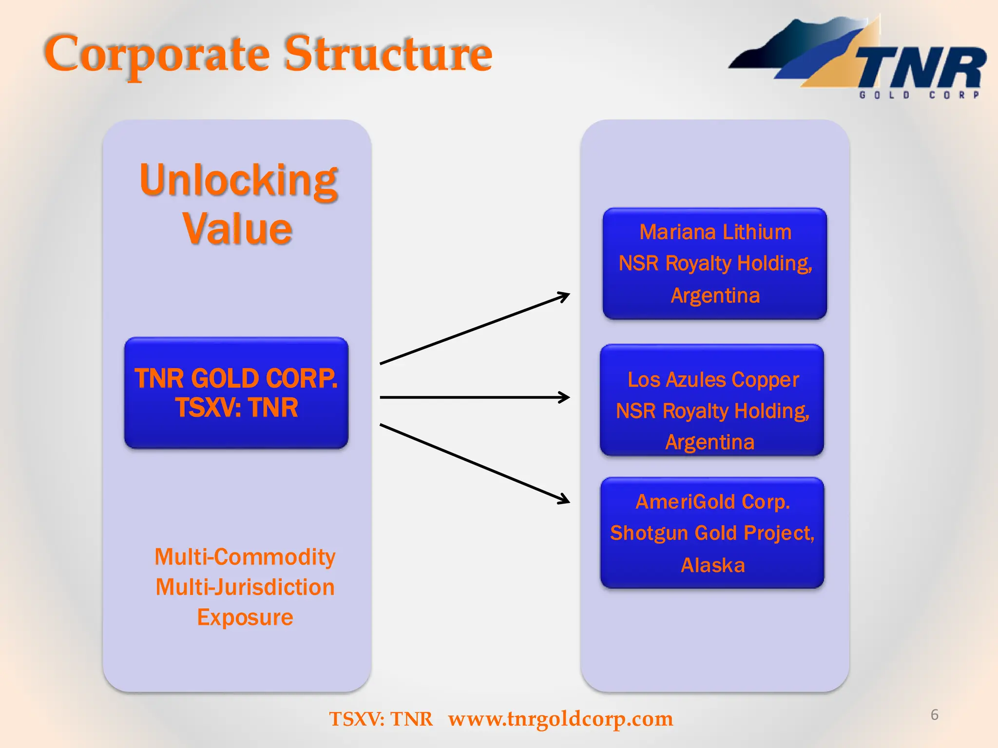 6
Corporate Structure
Unlocking
Value
TNR GOLD CORP.
TSXV: TNR
AmeriGold Corp.
Shotgun Gold Project,
Alaska
Mariana Lithium
NSR Royalty Holding,
Argentina
Los Azules Copper
NSR Royalty Holding,
Argentina
Multi-Commodity
Multi-Jurisdiction
Exposure
TSXV: TNR www.tnrgoldcorp.com
 