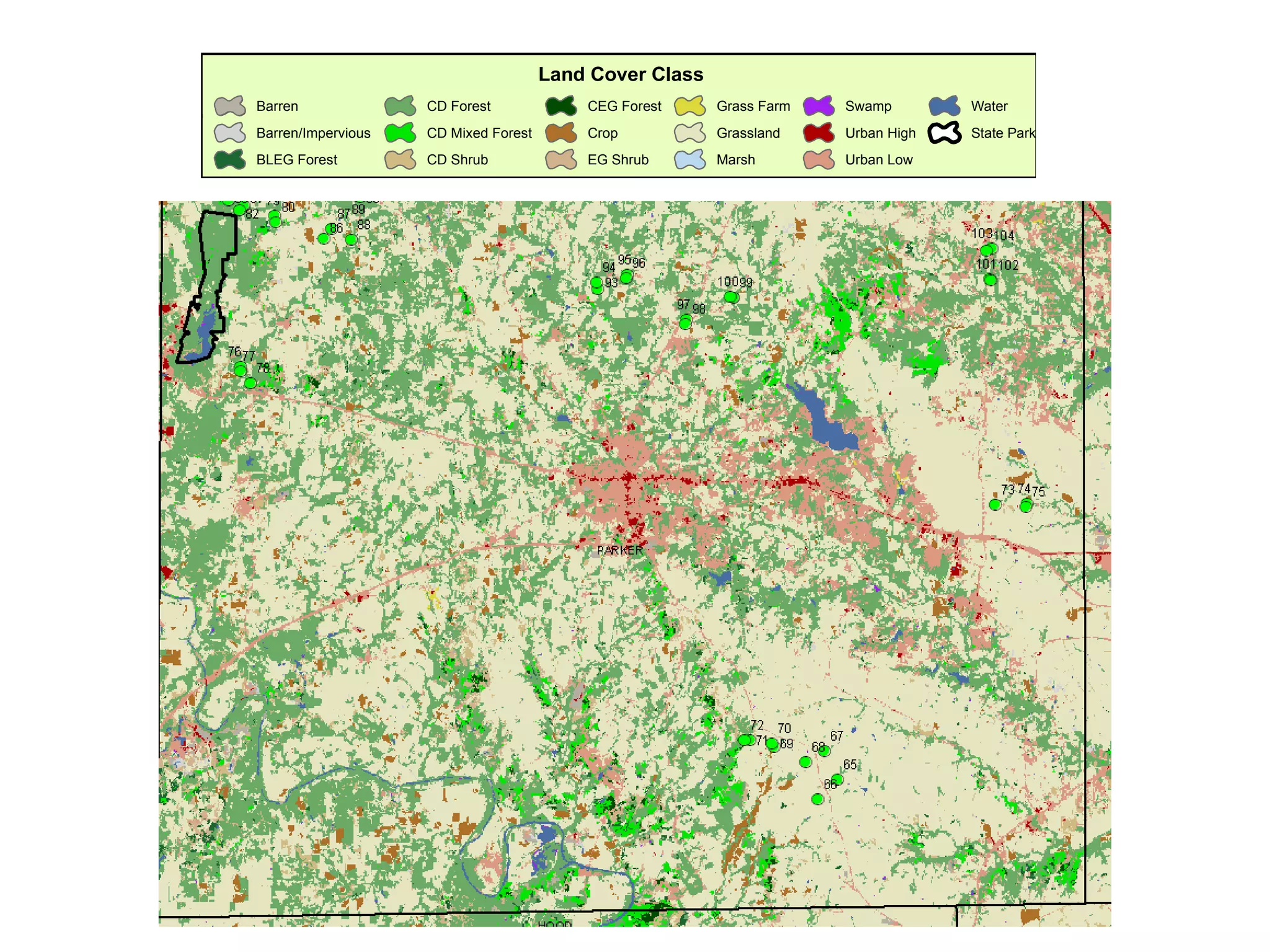 Land Cover Class
Barren              CD Forest             CEG Forest     Grass Farm   Swamp        Water
Barren/Impervious   CD Mixed Forest       Crop           Grassland    Urban High   State Park
BLEG Forest         CD Shrub              EG Shrub       Marsh        Urban Low
 