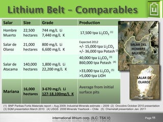 Lithium Belt – Comparables
Salar           Size           Grade                         Production
Hombre          22,500         744 mg/L Li
                                                             17,500 tpa Li2CO3 (1)
Muerto          hectares       7,440 mg/L K
                                                             Expected 2012
Salar de        21,000         800 mg/L Li                   +/- 15,000 tpa Li2CO3                    SALAR DEL
Olaroz          hectares       6,600 mg/L K                                                            HOMBRE
                                                             +/- 36,000 tpa Potash (2)                 MUERTO
                                                             40,000 tpa Li2CO3 (3)
Salar de        140,000        1,800 mg/L Li                 860,000 tpa Potash (4)
Atacama         hectares       22,200 mg/L K                 >33,000 tpa Li2CO3 (5)
                                                             >5,000 tpa LiOH                               SALAR DE
                                                                                                            OLAROZ
                16,000         3-670 mg/L Li                 Average from initial
Mariana                                                      surface pits
                hectares       127-18,100mg/L K

(1) BNP Paribas Fortis Materials report – Aug 2009; Industrial Minerals estimate – 2009 (2) Orocobre October 2010 presentation
(3) SQM presentation March 2010 (4) USGS 2008 Minerals Yearbook – Chile (5) Chemetall presentation Jan. 2011


                                       international lithium corp. (ILC: TSX.V)                                   Page 11
 