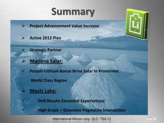 Summary
   Project Advancement Value Increase

   Active 2012 Plan

   Strategic Partner

 Mariana Salar:
   Potash-Lithium-Boron Brine Salar In Prominent

    World Class Region

 Mavis Lake:
       Drill Results Exceeded Expectations

       High Grade + Extensive Pegmatite Intersection
                international lithium corp. (ILC: TSX.V)   Page 25
 