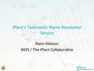 iPlant's	
  Taxonomic	
  Name	
  Resolu3on	
  
                  Service	
  

                   Naim	
  Matasci	
  
     BIO5	
  /	
  The	
  iPlant	
  Collabora3ve	
  
 