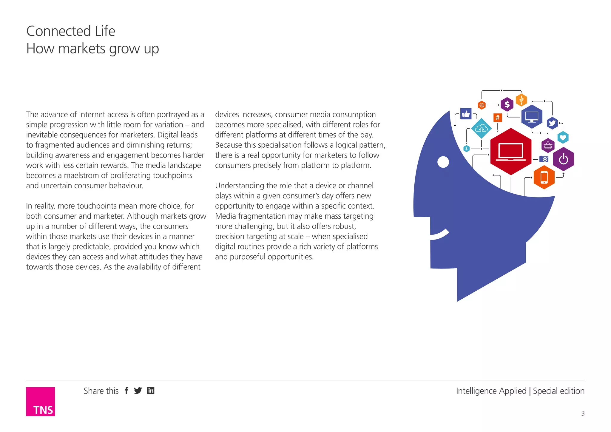 Share this
3
Connected Life
How markets grow up
Intelligence Applied | Special edition
The advance of internet access is often portrayed as a
simple progression with little room for variation – and
inevitable consequences for marketers. Digital leads
to fragmented audiences and diminishing returns;
building awareness and engagement becomes harder
work with less certain rewards. The media landscape
becomes a maelstrom of proliferating touchpoints
and uncertain consumer behaviour.
In reality, more touchpoints mean more choice, for
both consumer and marketer. Although markets grow
up in a number of different ways, the consumers
within those markets use their devices in a manner
that is largely predictable, provided you know which
devices they can access and what attitudes they have
towards those devices. As the availability of different
devices increases, consumer media consumption
becomes more specialised, with different roles for
different platforms at different times of the day.
Because this specialisation follows a logical pattern,
there is a real opportunity for marketers to follow
consumers precisely from platform to platform.
Understanding the role that a device or channel
plays within a given consumer’s day offers new
opportunity to engage within a specific context.
Media fragmentation may make mass targeting
more challenging, but it also offers robust,
precision targeting at scale – when specialised
digital routines provide a rich variety of platforms
and purposeful opportunities.
 