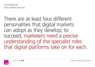 Share this
2
Connected Life
How markets grow up
Intelligence Applied | Special edition
There are at least four different
personalities that digital markets
can adopt as they develop; to
succeed, marketers need a precise
understanding of the specialist roles
that digital platforms can play for each.
 