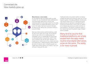Share this
5
Connected Life
How markets grow up
Intelligence Applied | Special edition
More devices = more media
As the potential roles that digital media can play
increase, the use of traditional media itself becomes
more specialised. Many tend to assume that
traditional platforms are simply ousted from the daily
media routine once digital alternatives arrive on the
scene. The reality is far more nuanced. Attitudes,
as well as access, define how consumers choose to
consume media.
Morning media routines are dominated by a need
to catch up on news, and 15 per cent of German
internet users still turn to a traditional printed
newspaper to do so. Interestingly, this figure does
not dip significantly in Hong Kong, where 13 per
cent of internet users do the same. However, in a
mobile-centric market such as this, a faster and more
social alternative is clearly emerging. Almost half (47
per cent) of internet users in Hong Kong pick up a
mobile device before getting out of bed; 21 per cent
of those in Kenya do the same.
Traditional media consumption patterns are being
similarly disrupted during evening, when the TV once
reigned supreme. Amongst worldwide internet users,
only around 54 per cent of TV viewing during the
early evening now represents undivided attention.
For the rest of their time in front of the TV, viewers
are simultaneously carrying out other activities, on
other platforms. This division of attention peaks in
the markets that have the greatest range of digital
devices available.
Many tend to assume that
traditional platforms are simply
ousted from the daily media
routine once digital alternatives
arrive on the scene. The reality
is far more nuanced.
 