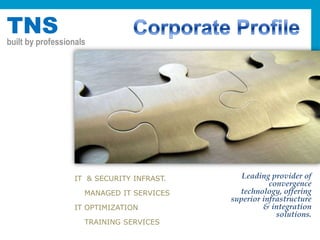 TNS
built by professionals




                  IT & SECURITY INFRAST.      Leading provider of
                                                      convergence
                     MANAGED IT SERVICES     technology, offering
                                           superior infrastructure
                  IT OPTIMIZATION                   & integration
                                                        solutions.
                     TRAINING SERVICES
 