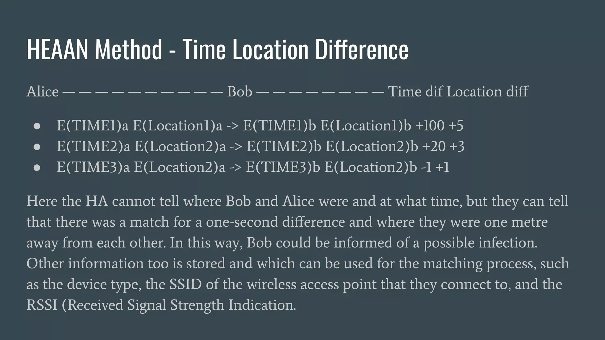 HEAAN Method - Time Location Difference
Alice — — — — — — — — — — Bob — — — — — — — — Time dif Location diﬀ
● E(TIME1)a E(Location1)a -> E(TIME1)b E(Location1)b +100 +5
● E(TIME2)a E(Location2)a -> E(TIME2)b E(Location2)b +20 +3
● E(TIME3)a E(Location2)a -> E(TIME3)b E(Location2)b -1 +1
Here the HA cannot tell where Bob and Alice were and at what time, but they can tell
that there was a match for a one-second diﬀerence and where they were one metre
away from each other. In this way, Bob could be informed of a possible infection.
Other information too is stored and which can be used for the matching process, such
as the device type, the SSID of the wireless access point that they connect to, and the
RSSI (Received Signal Strength Indication.
 