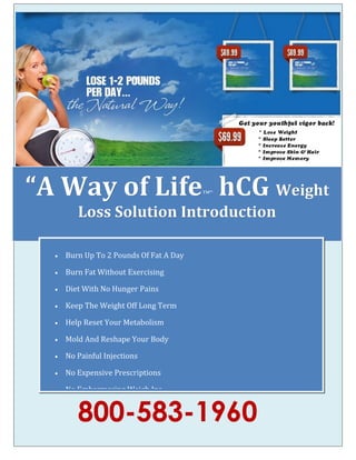 800-583-1960800-583-1960
““A Way of LifeA Way of Life™” hCGhCG WeightWeight
Loss Solution IntroductionLoss Solution Introduction
• Burn Up To 2 Pounds Of Fat A Day
• Burn Fat Without Exercising
• Diet With No Hunger Pains
• Keep The Weight Off Long Term
• Help Reset Your Metabolism
• Mold And Reshape Your Body
• No Painful Injections
• No Expensive Prescriptions
• No Embarrassing Weigh Ins
 